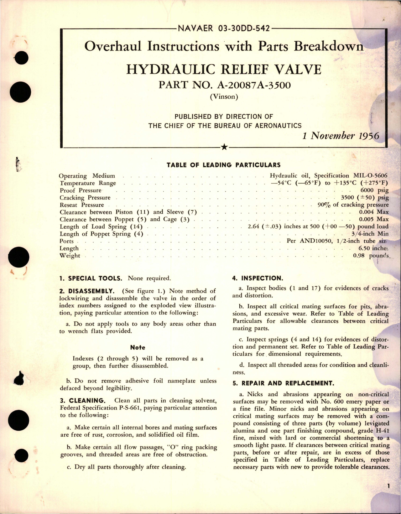 Sample page 1 from AirCorps Library document: Overhaul Instructions with Parts for Hydraulic Relief Valve - Part A-20087A-3500