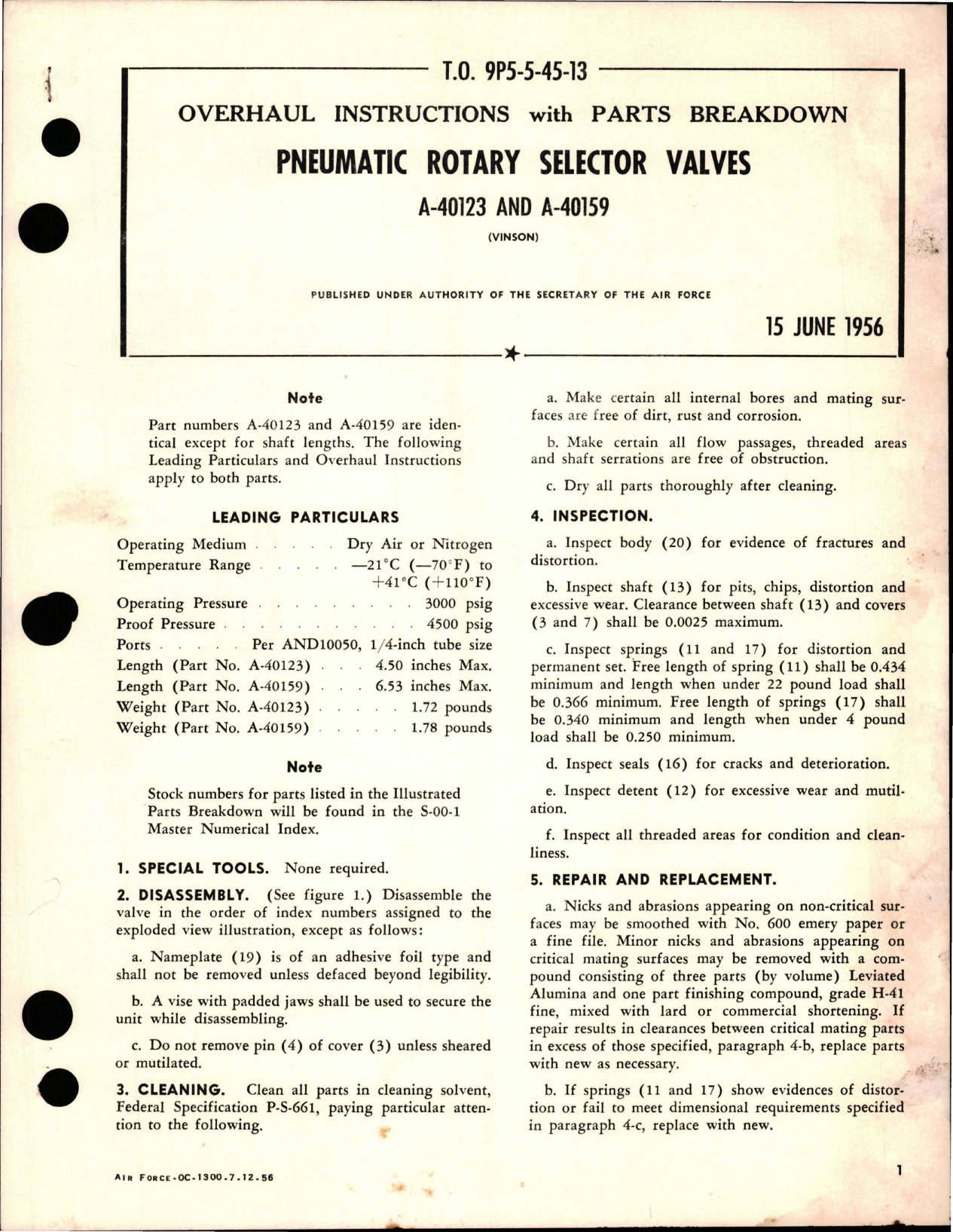 Sample page 1 from AirCorps Library document: Overhaul Instructions with Parts Breakdown for Pneumatic Rotary Selector Valves - A-40123 and A-40159