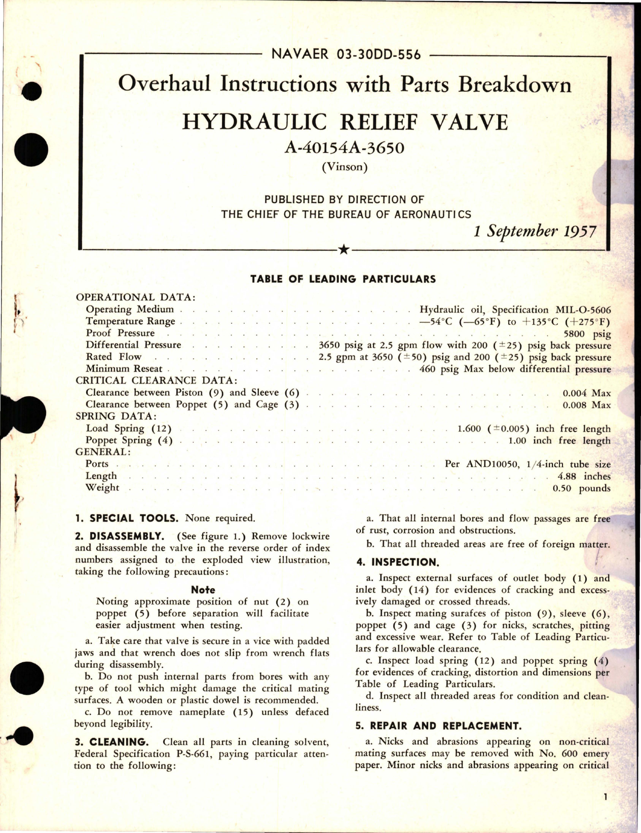 Sample page 1 from AirCorps Library document: Overhaul Instructions with Parts Breakdown for Hydraulic Relief Valve - A-40154A-3650 