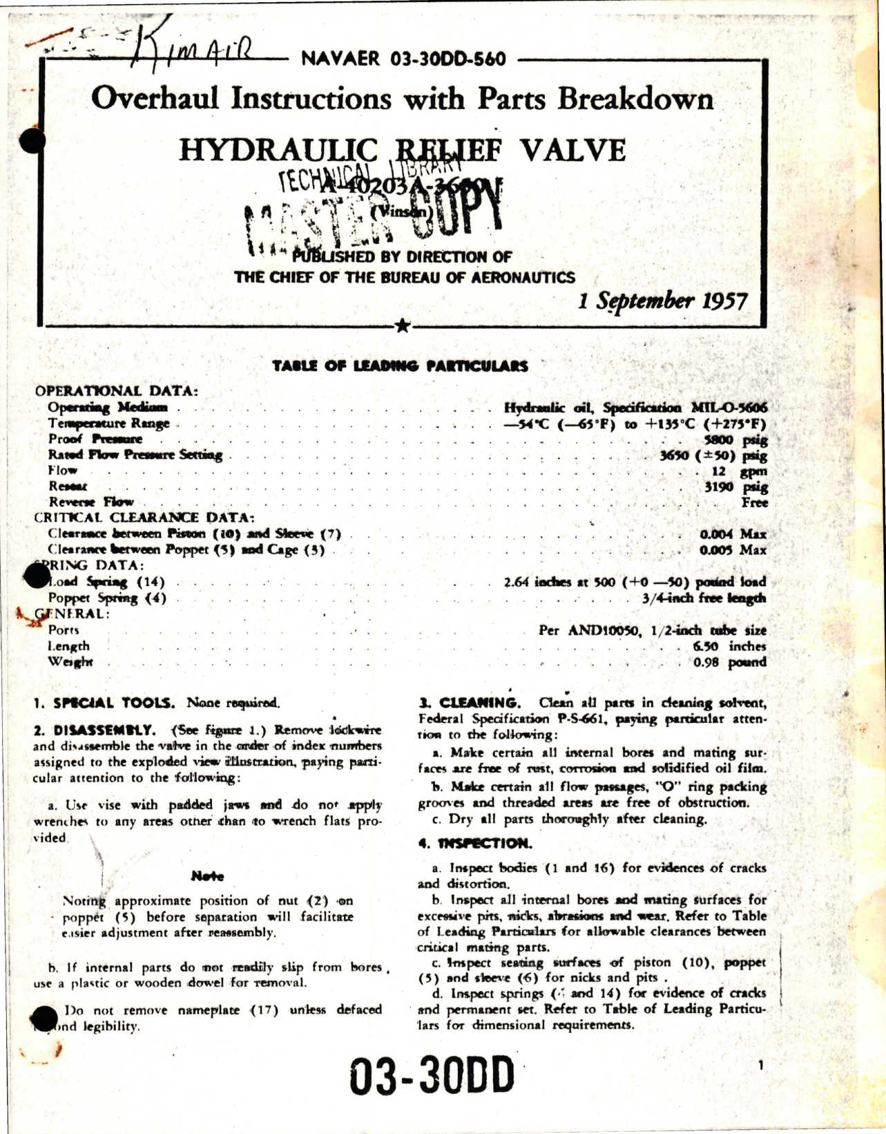 Sample page 1 from AirCorps Library document: Overhaul Instructions with Parts Breakdown for Hydraulic Relief Valve - A-40203A-3650