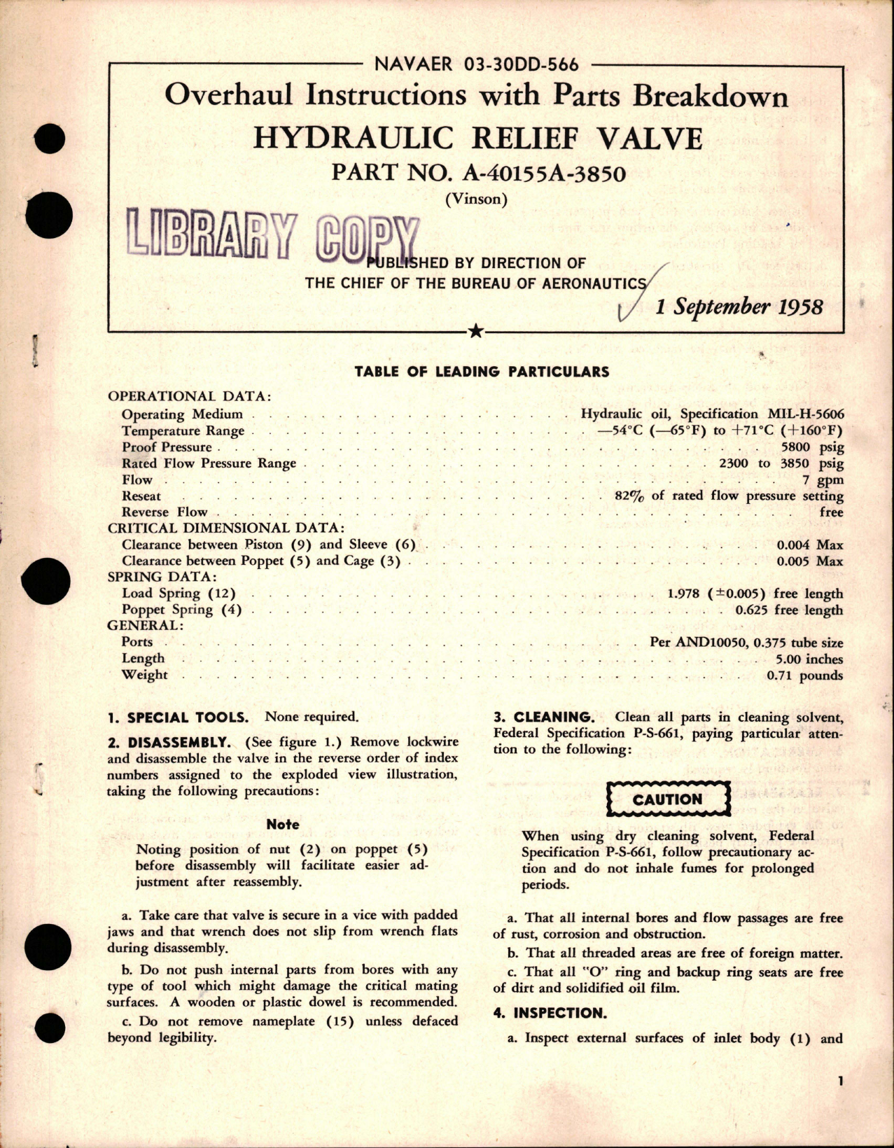 Sample page 1 from AirCorps Library document: Overhaul Instructions with Parts Breakdown for Hydraulic Relief Valve - Part A-40155A-3850