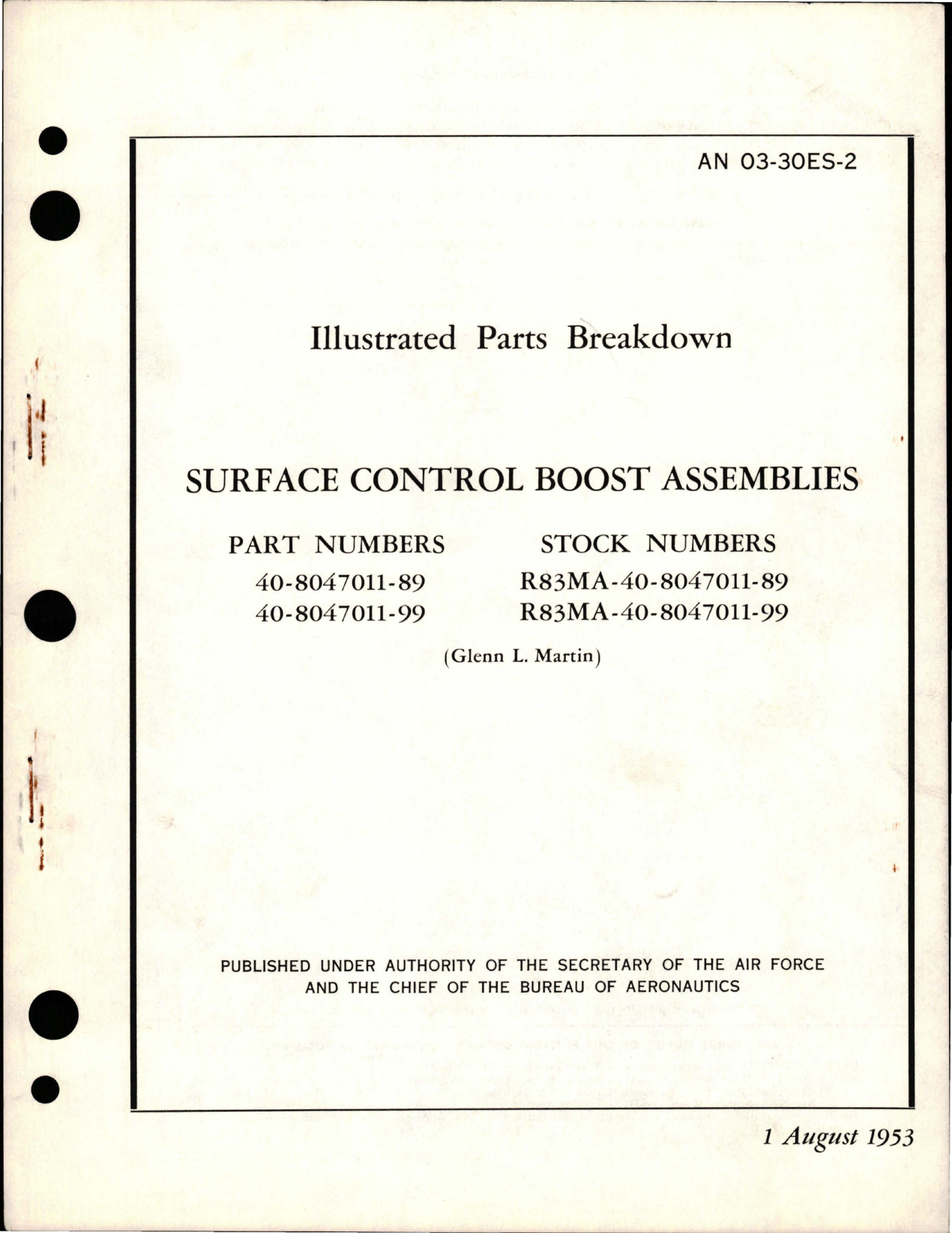 Sample page 1 from AirCorps Library document: Illustrated Parts for Surface Control Boost Assy - Parts 40-8047011-89 and 40-8047011-99