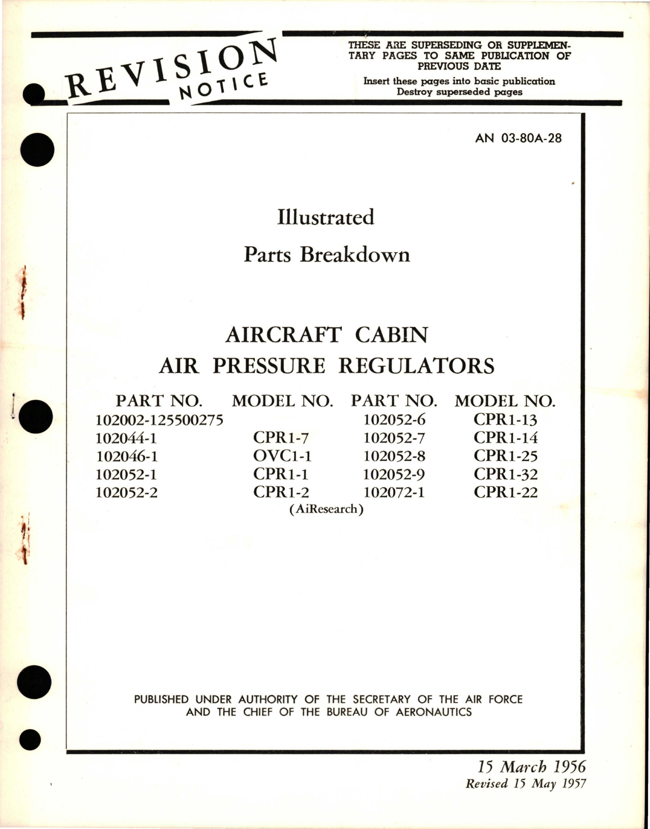 Sample page 1 from AirCorps Library document: Illustrated Parts Breakdown for Aircraft Cabin Air Pressure Regulators