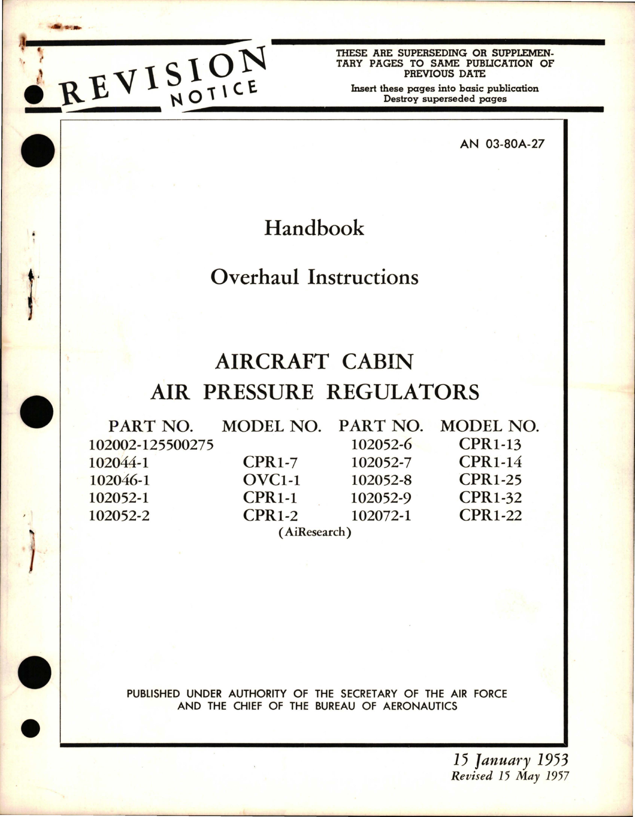 Sample page 1 from AirCorps Library document: Overhaul Instructions for Aircraft Cabin Air Pressure Regulators