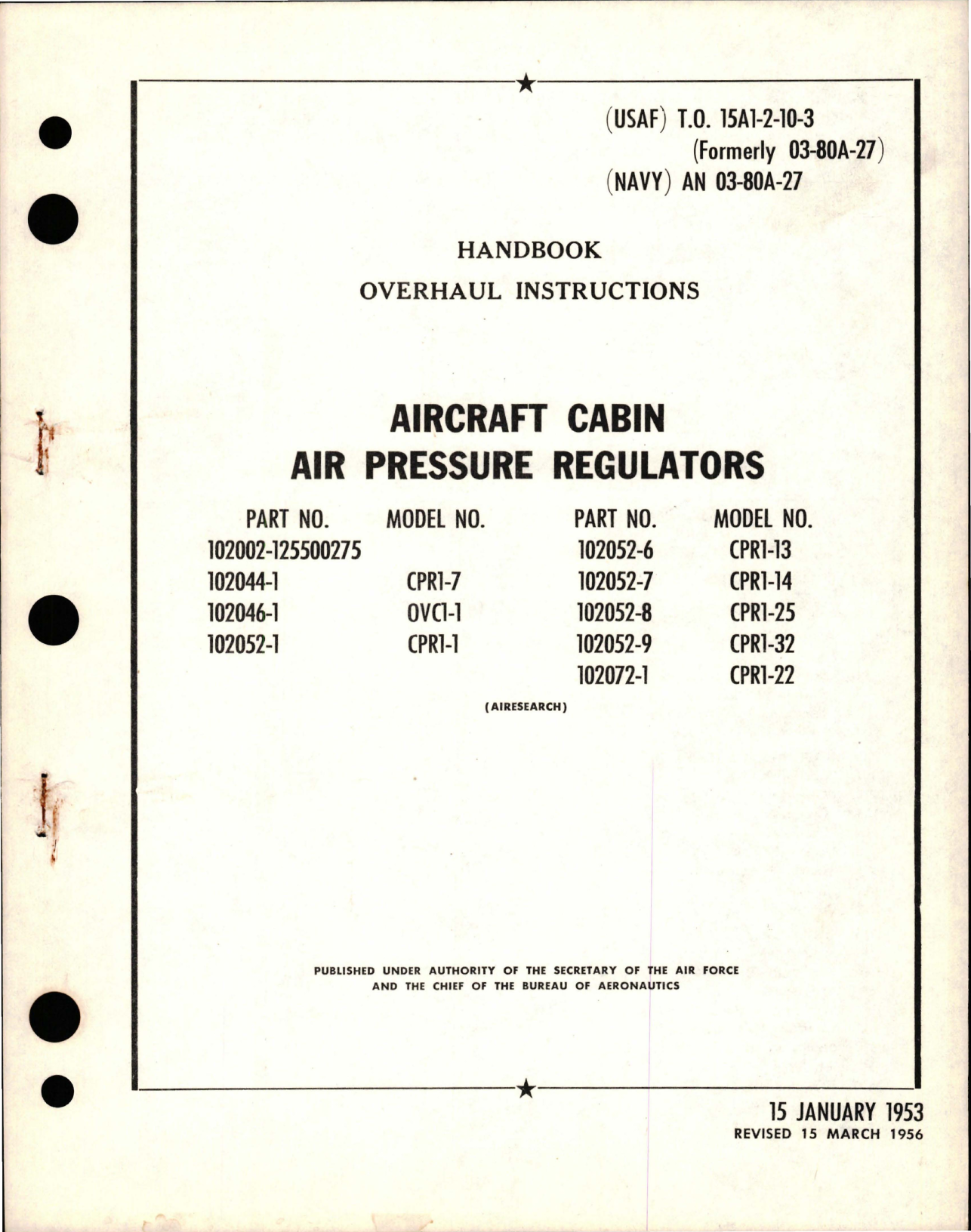 Sample page 1 from AirCorps Library document: Overhaul Instructions for Aircraft Cabin Air Pressure Regulators