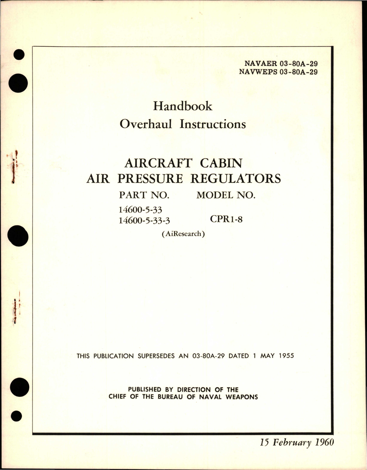 Sample page 1 from AirCorps Library document: Overhaul Instructions for Aircraft Cabin Air Pressure Regulators - Parts 14600-5-33 and 14600-5-33-3 - Model CPR1-8