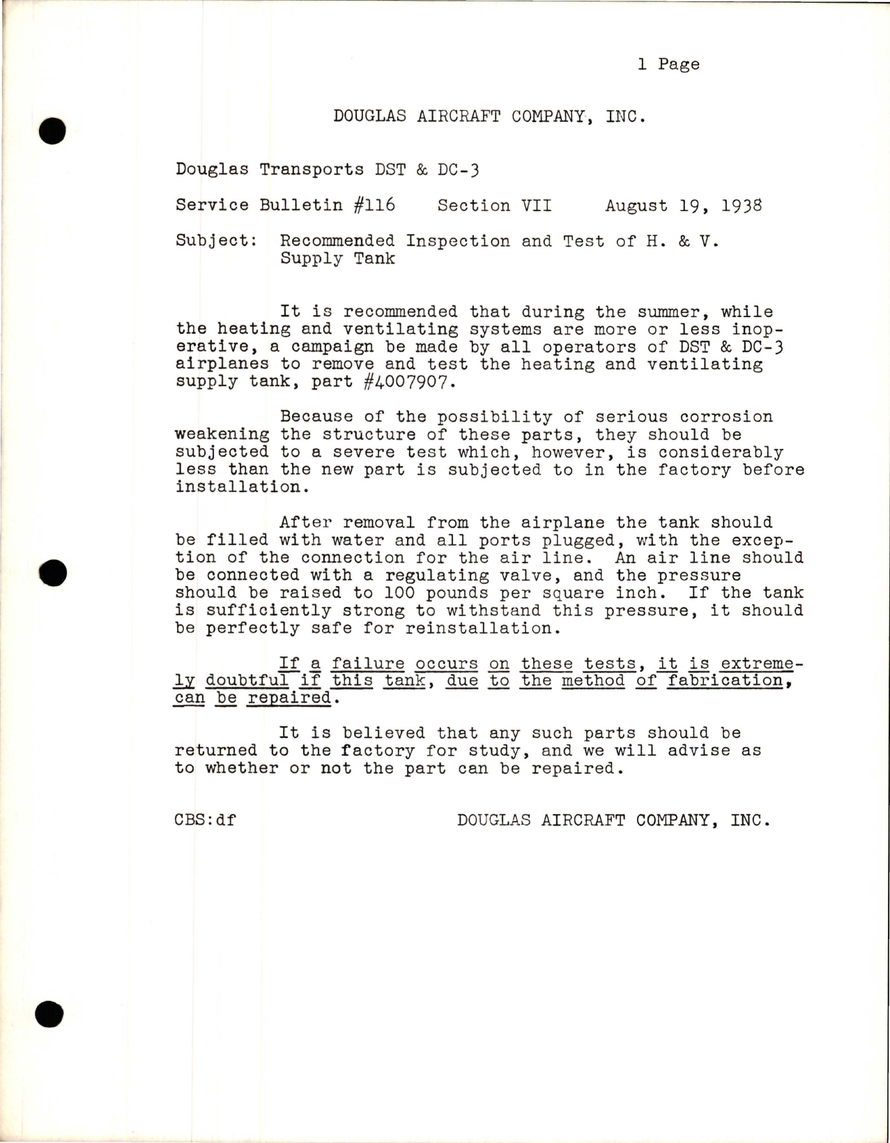 Sample page 1 from AirCorps Library document: Recommended Inspection and Test of H & V Supply Tank