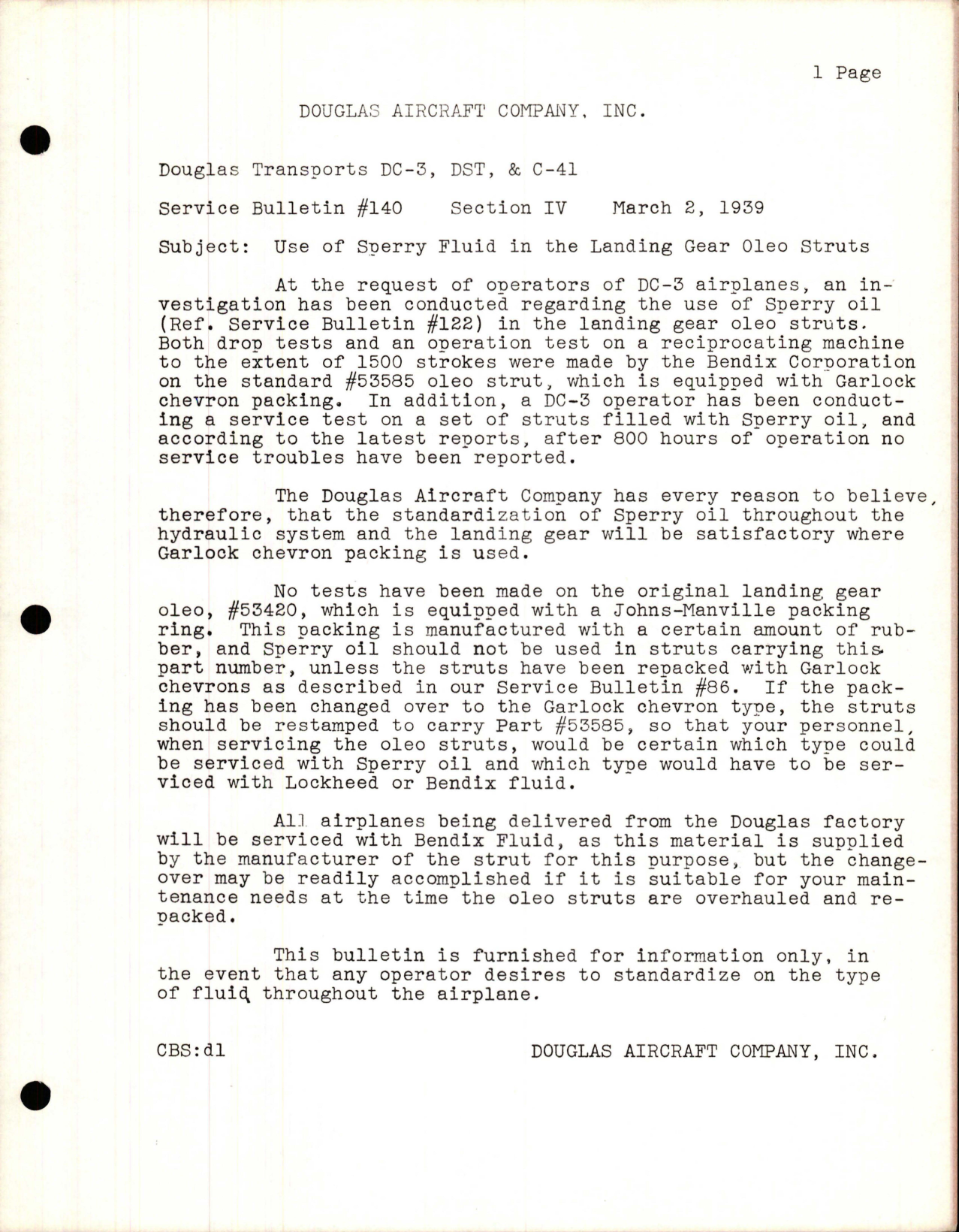 Sample page 1 from AirCorps Library document: Use of Sperry Fluid in the Landing Gear Oleo Struts