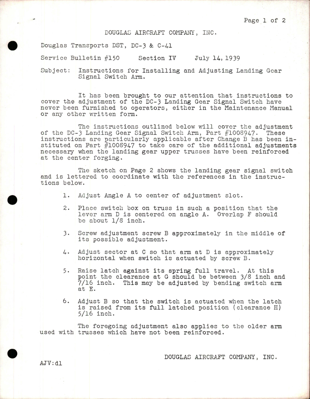 Sample page 1 from AirCorps Library document: Instructions for Installing and Adjusting Landing Gear Signal Switch Arm