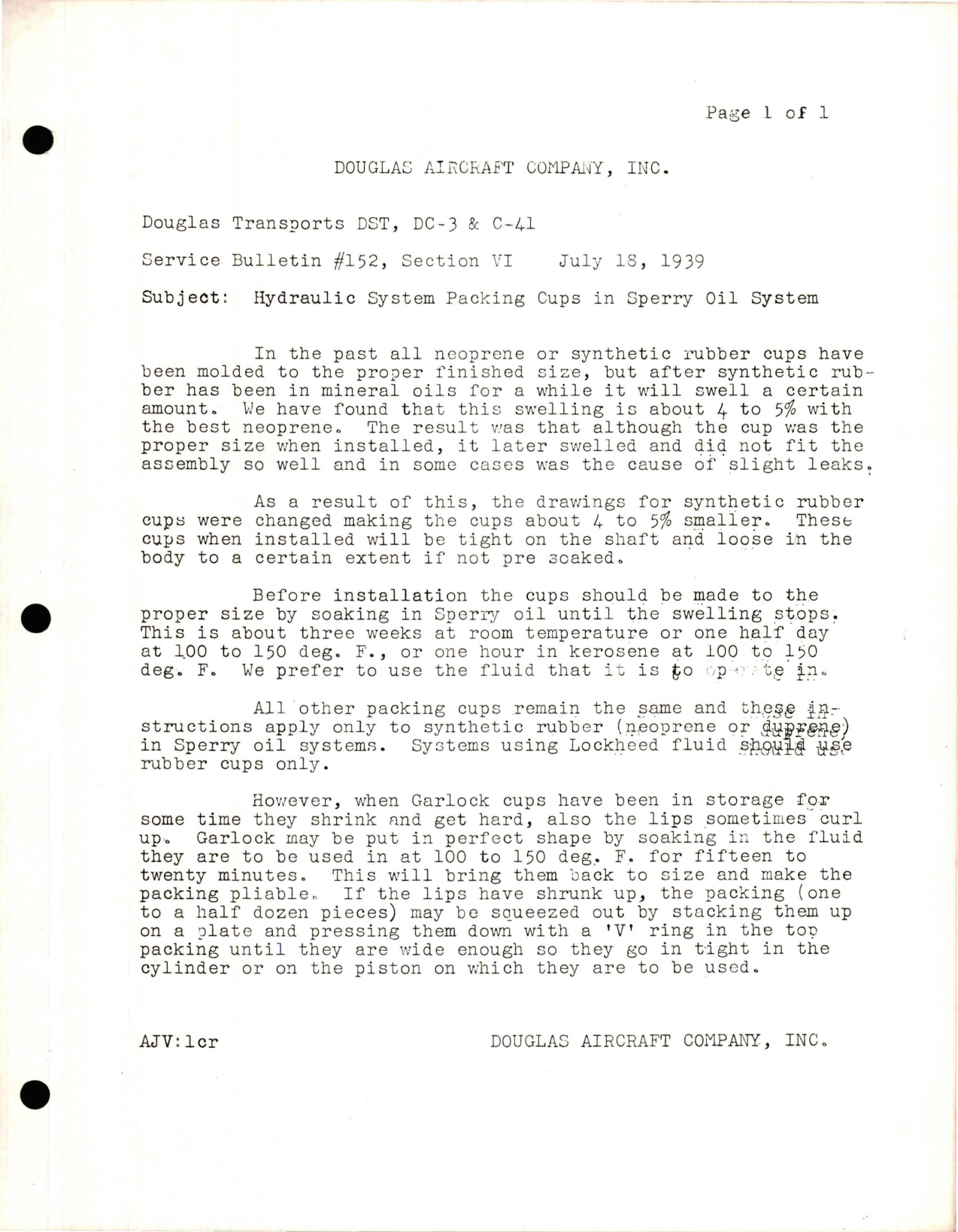 Sample page 1 from AirCorps Library document: Hydraulic System Packing Cups in Sperry Oil System