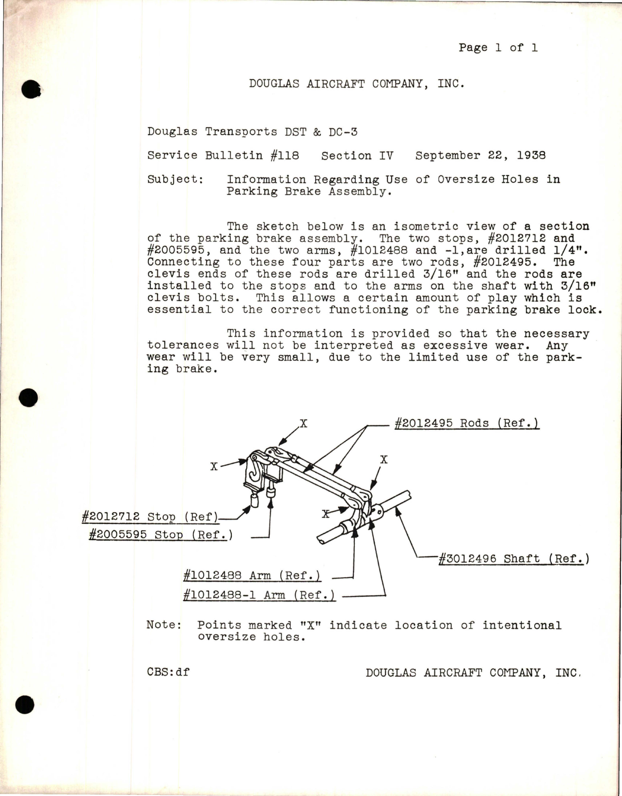 Sample page 1 from AirCorps Library document: Information Regarding Use of Oversize Holes in Parking Brake Assembly