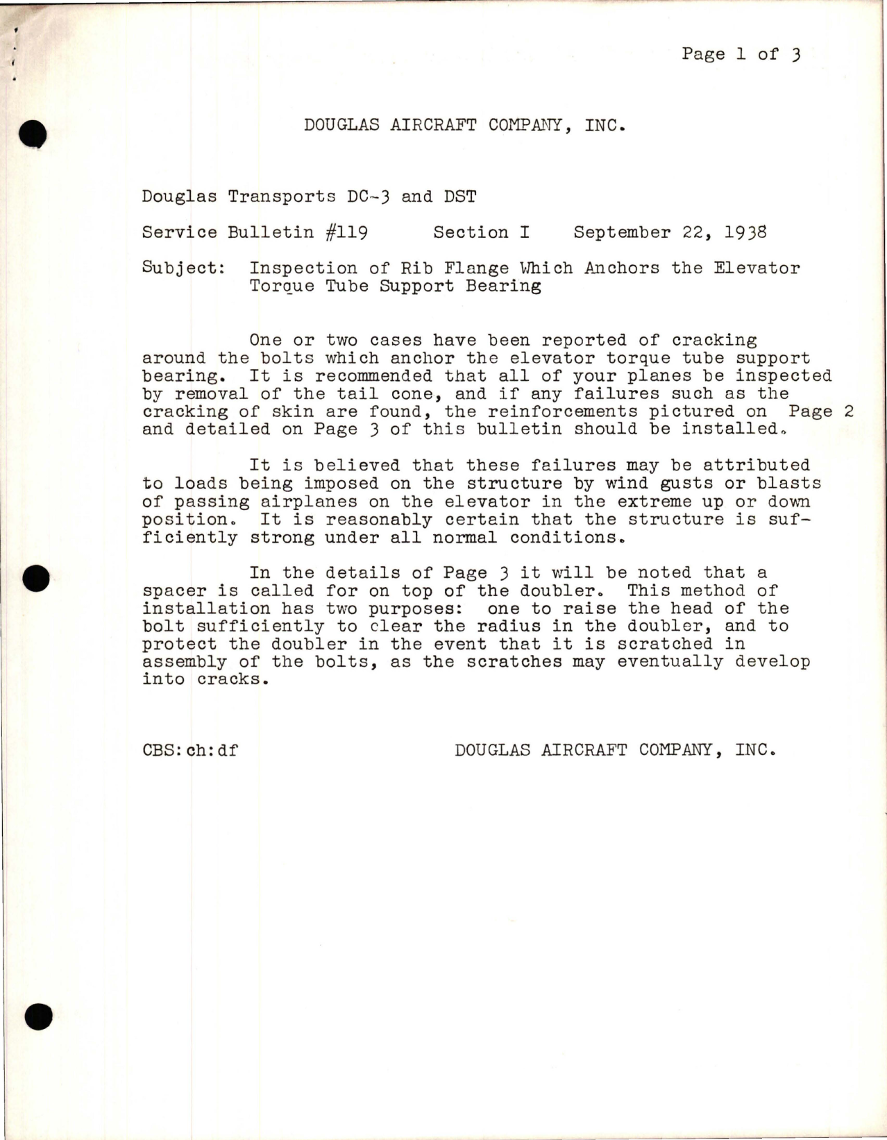 Sample page 1 from AirCorps Library document: Inspection of Rib Flange which Anchors the Elevator Torque Tube Support Bearing