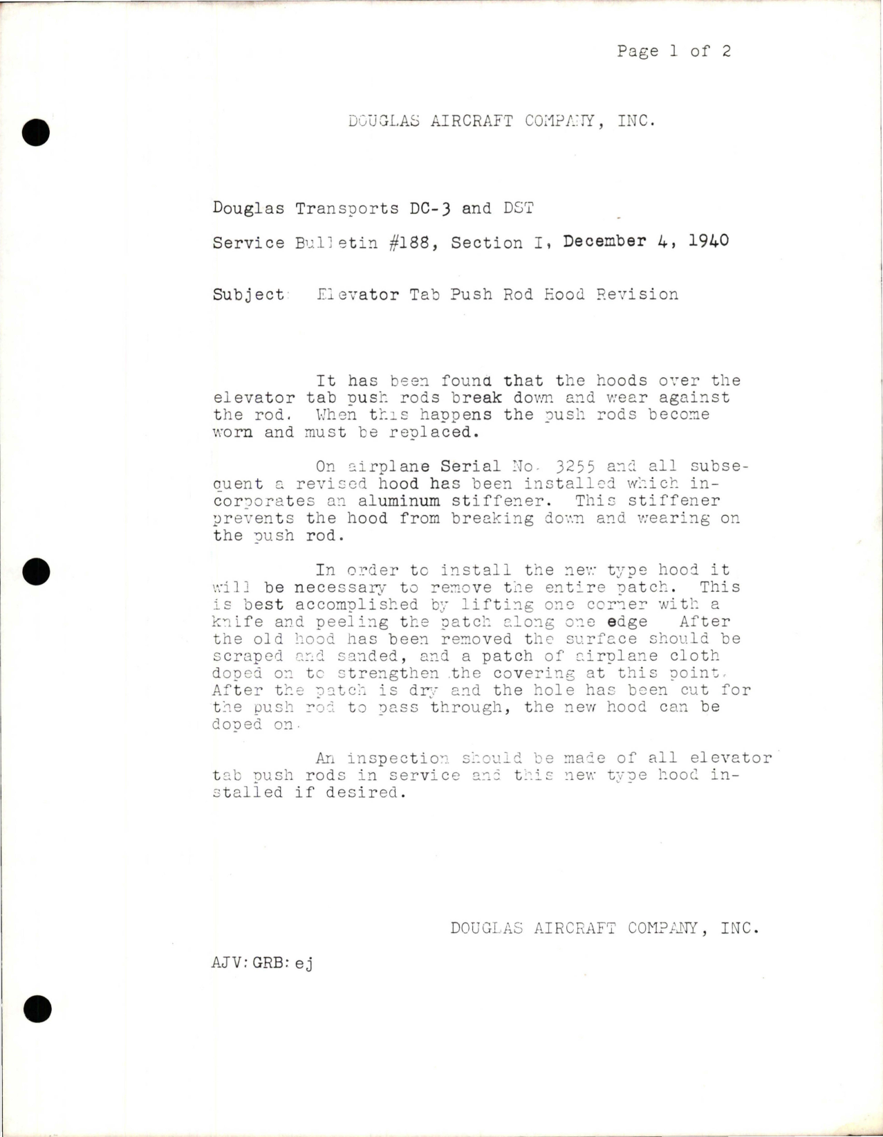 Sample page 1 from AirCorps Library document: Elevator Tab Push Rod Hood Revision