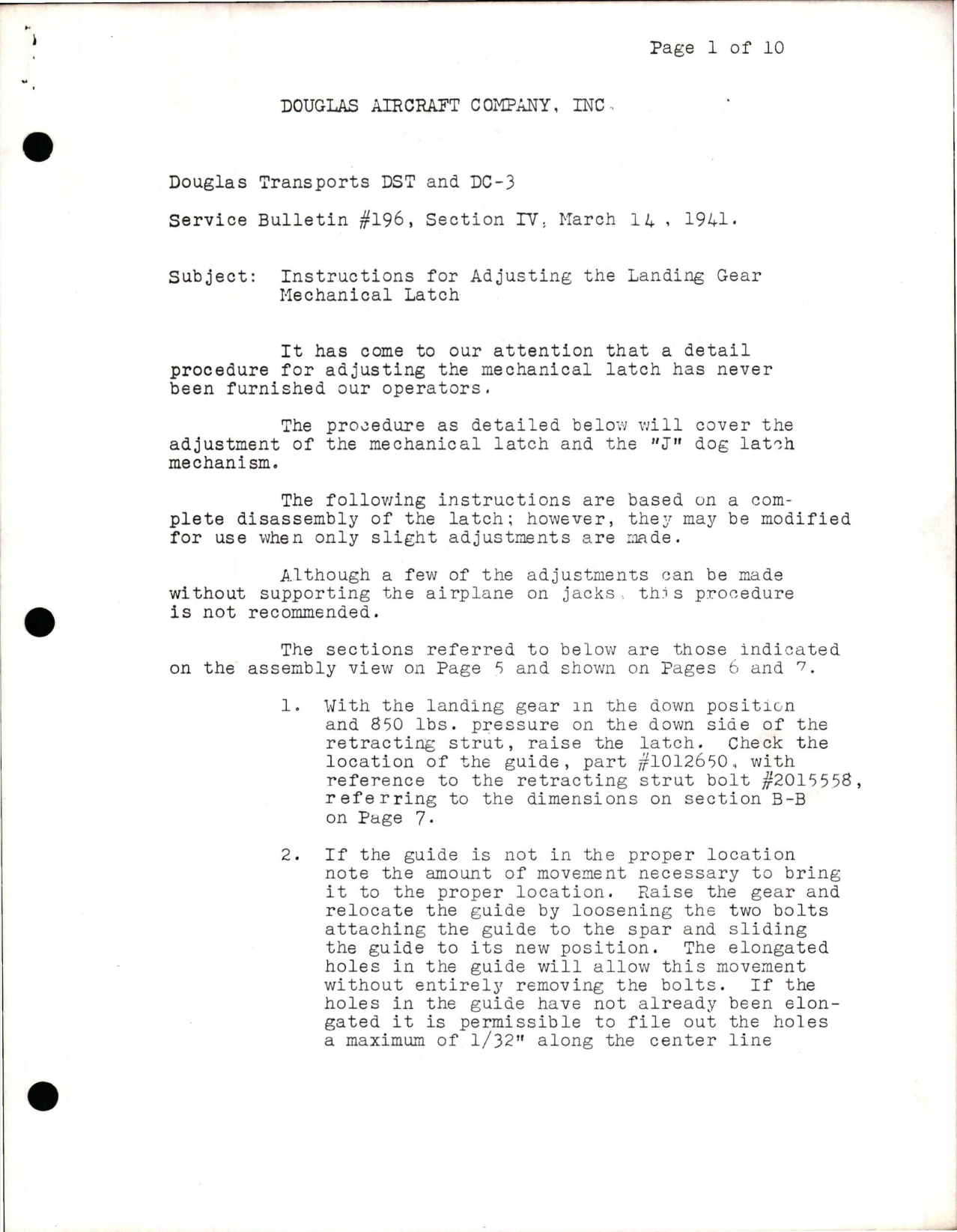 Sample page 1 from AirCorps Library document: Instructions for Adjusting the Landing Gear Mechanical Latch