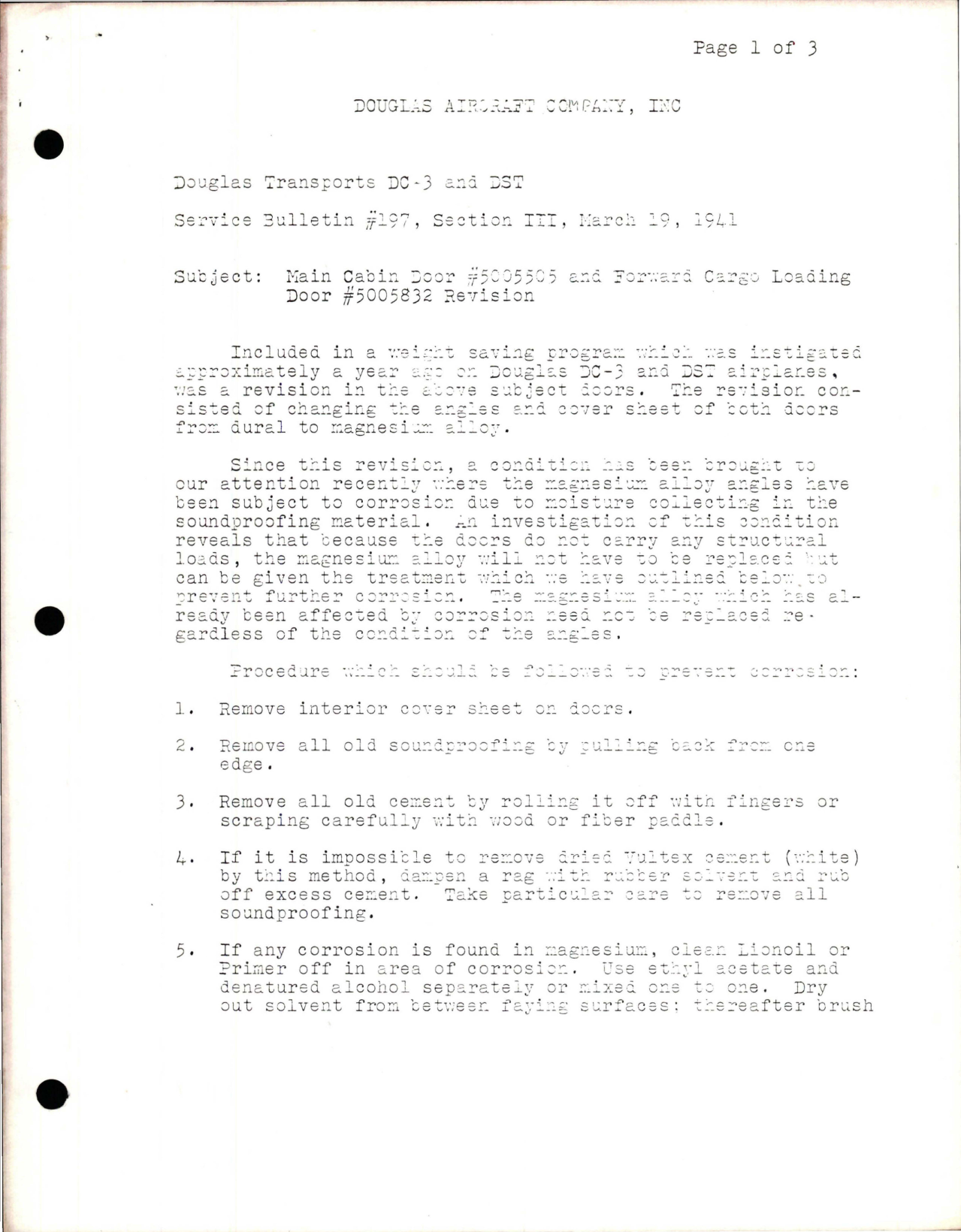 Sample page 1 from AirCorps Library document: Main Cabin Door #5005505 and Forward Cargo Loading Door #5005832 Revision