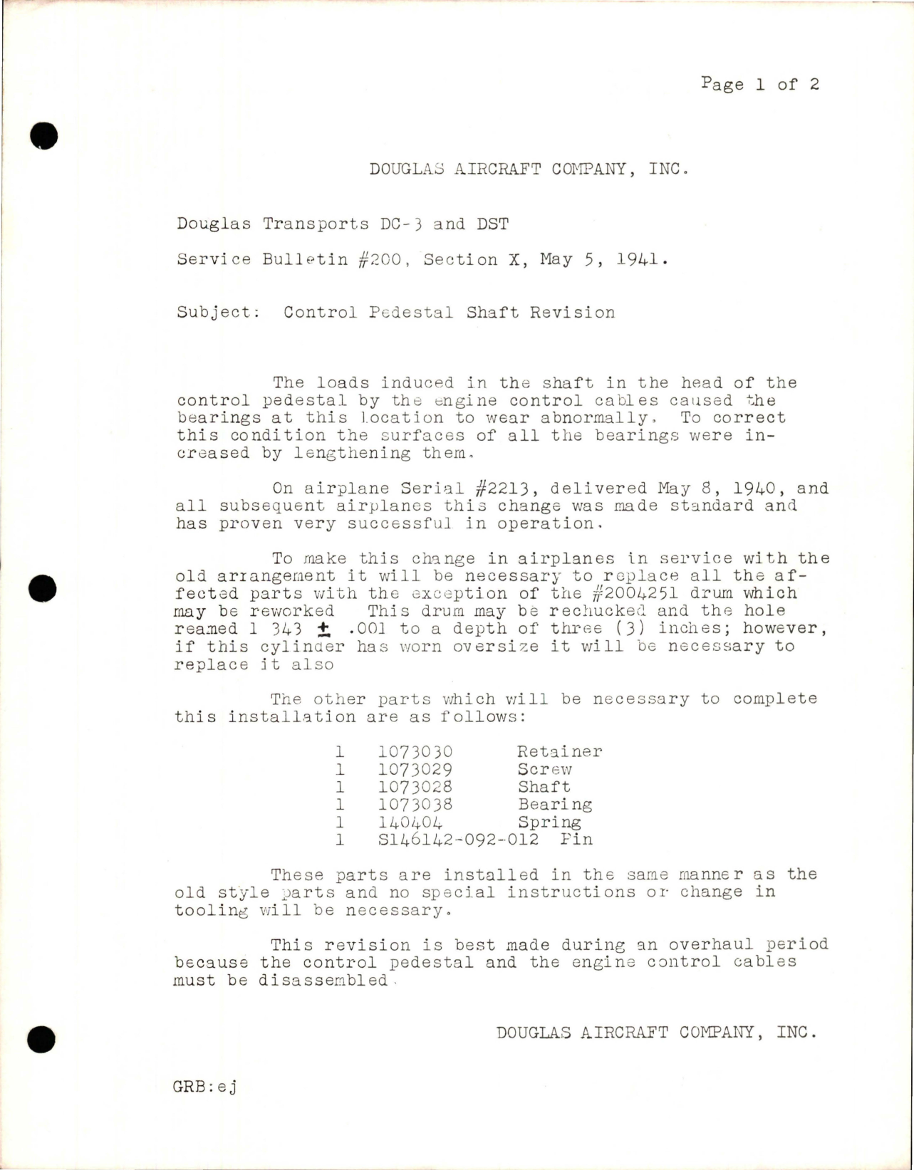 Sample page 1 from AirCorps Library document: Control Pedestal Shaft Revision