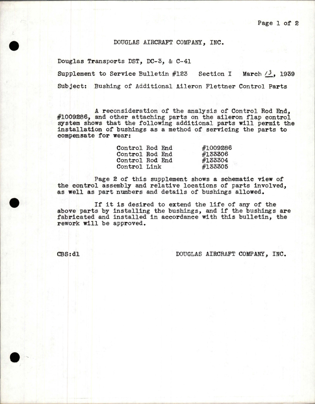 Sample page 1 from AirCorps Library document: Bushing of Additional Aileron Flettner Control Parts