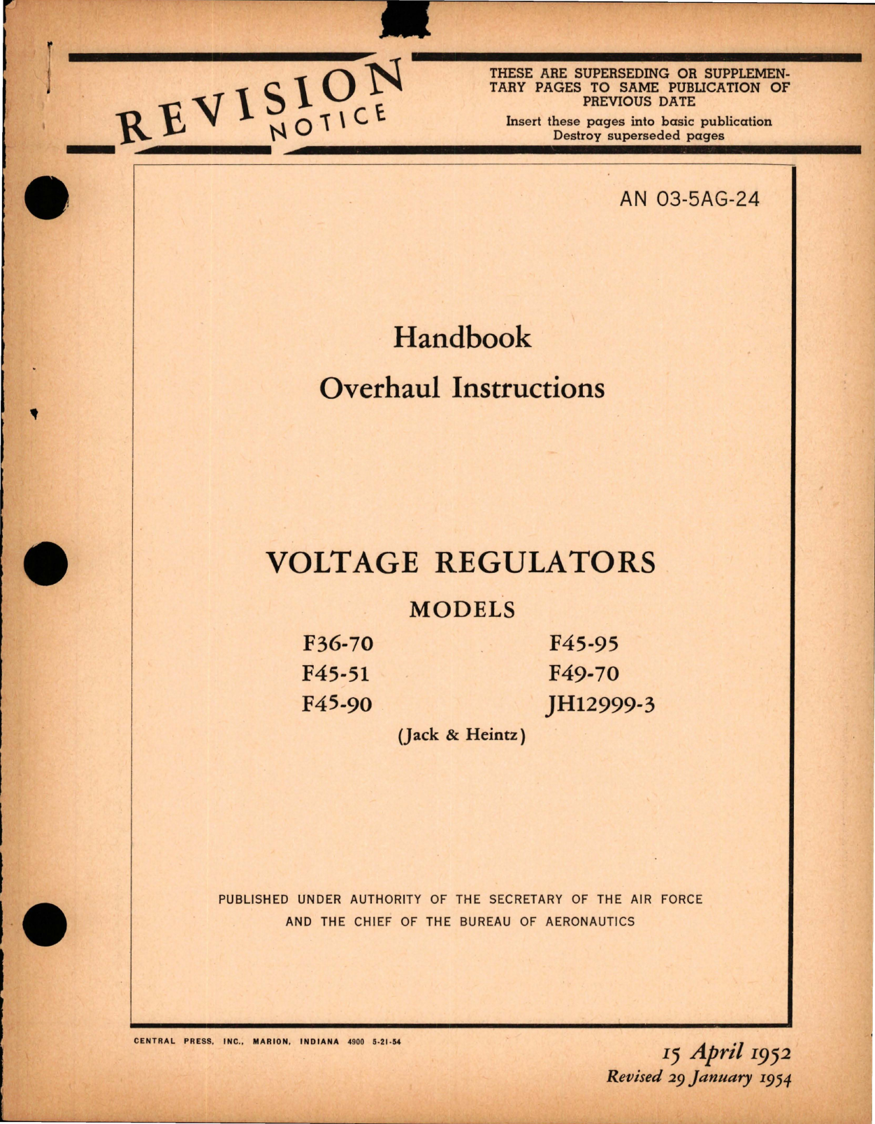 Sample page 1 from AirCorps Library document: Overhaul Instructions for Voltage Regulators - Models F36-70, F45-51, F45-90, F45-95, F49-70, and JH12999-3