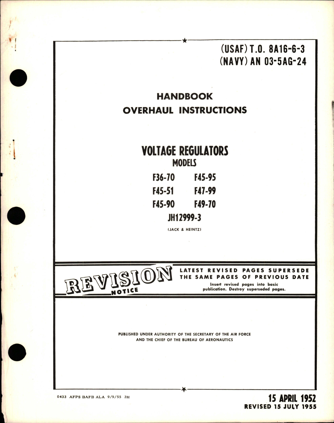 Sample page 1 from AirCorps Library document: Overhaul Instructions for Voltage Regulators - Models F36-70, F45-51, F45-90, F45-95, F47-99, F49-70, and JH12999-3 