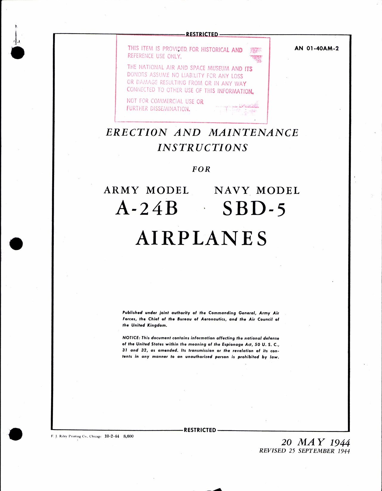 Sample page 1 from AirCorps Library document: Erection and Maintenance Instructions for A-24B and SBD-5 Airplanes