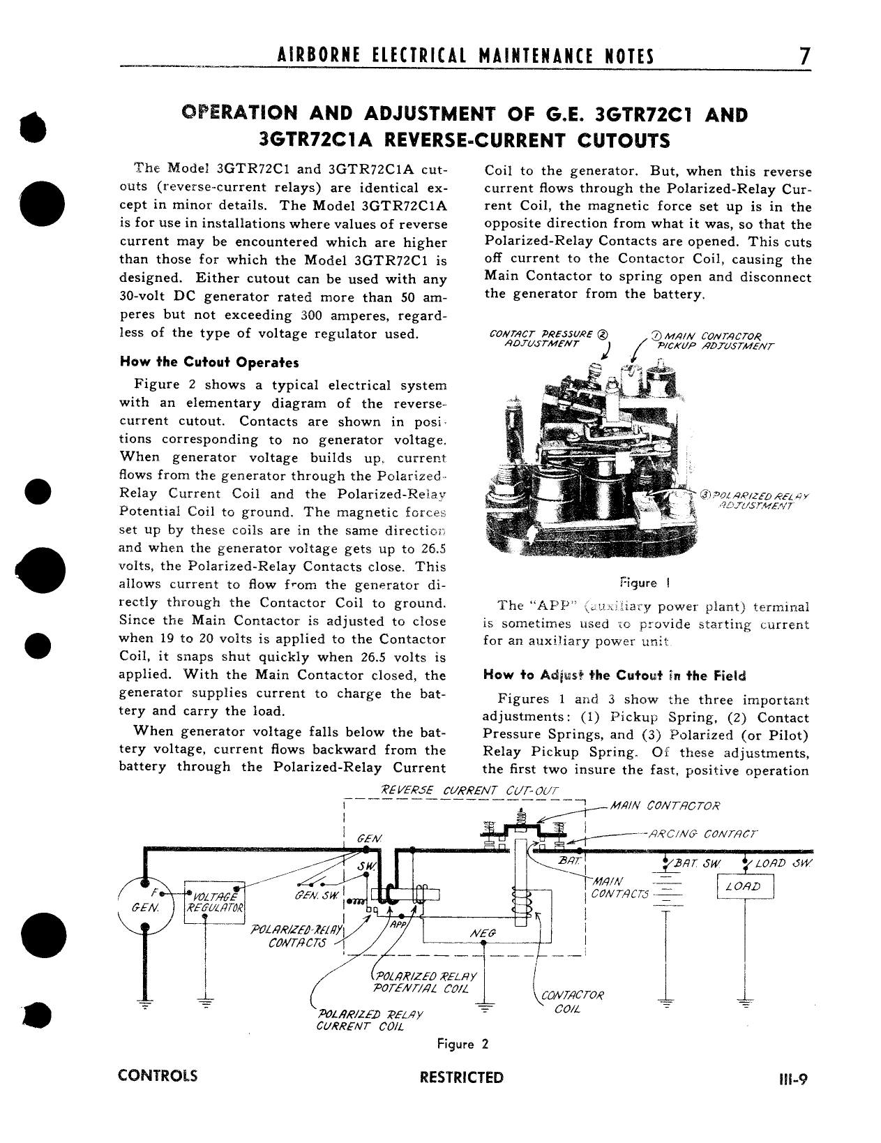 Sample page 1 from AirCorps Library document: Operation and Adjustment of GE 3GTR72C1, A Reverse Current Cutouts
