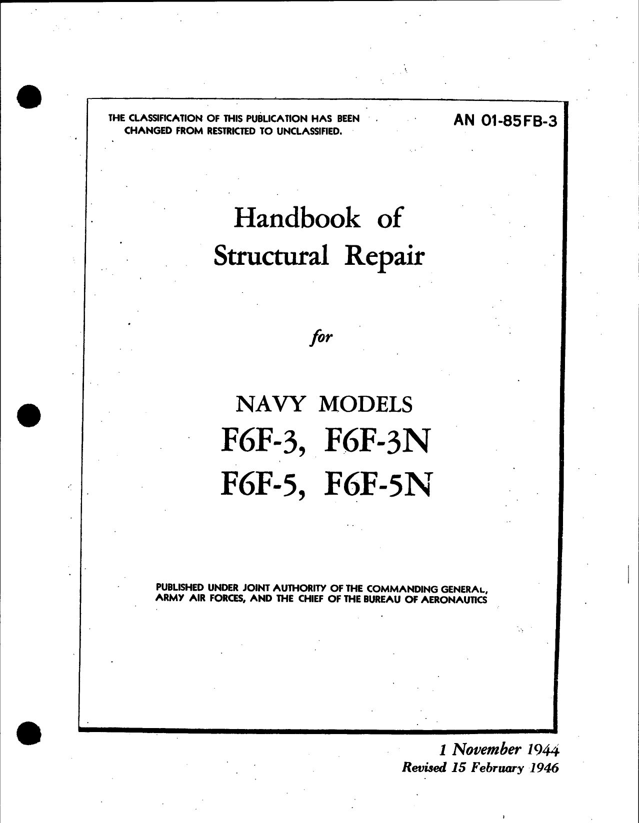Sample page 1 from AirCorps Library document: Handbook of Structural Repair for Navy Models F6F-3, -3N, -5 and -5N