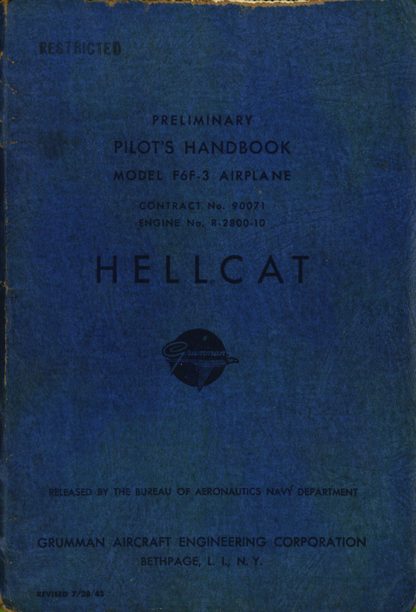 Sample page 1 from AirCorps Library document: Preliminary Pilot's Handbook for Model F6F-3 Airplane