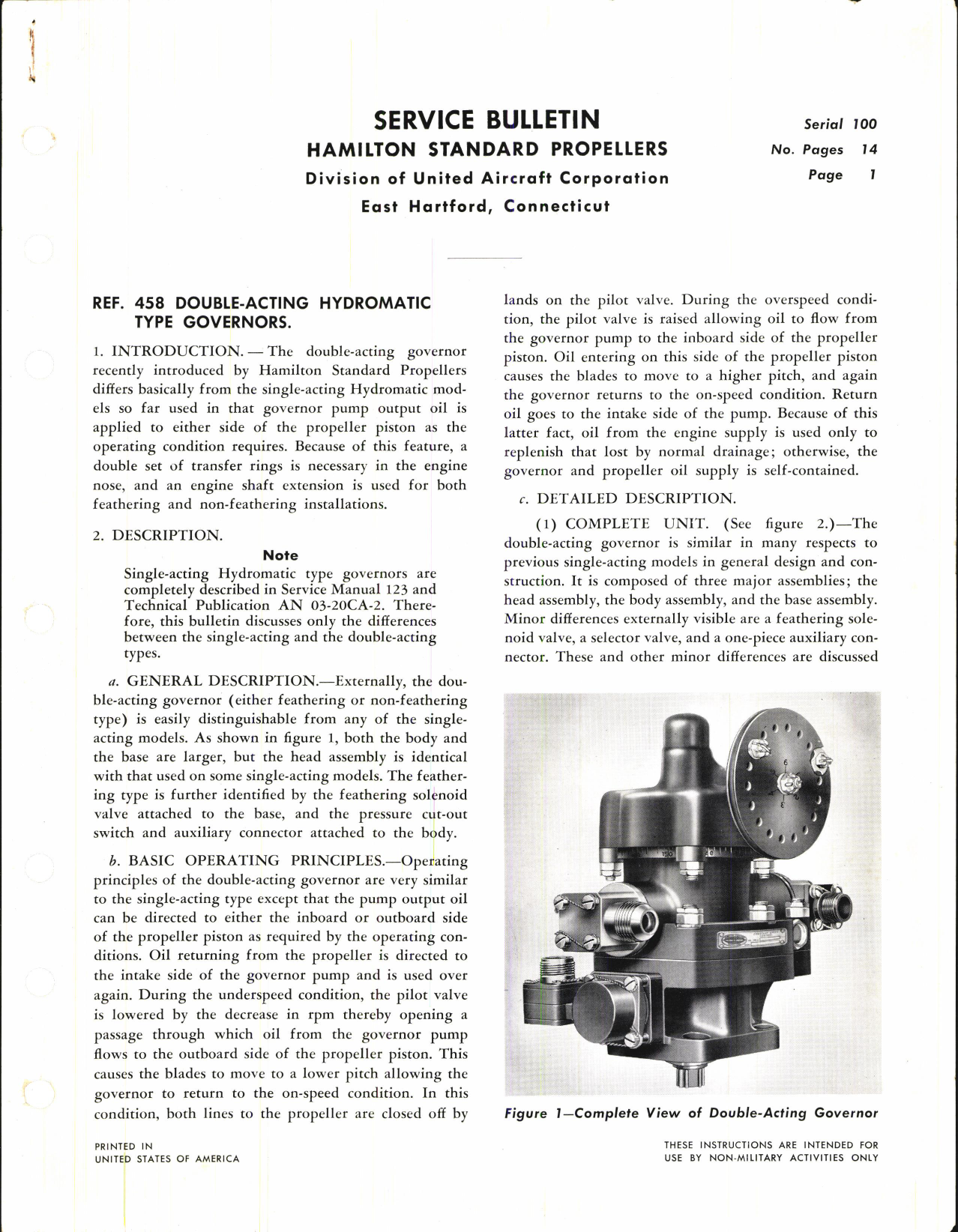 Sample page 1 from AirCorps Library document: Double-Acting Hydromatic Type Governors, Ref 458