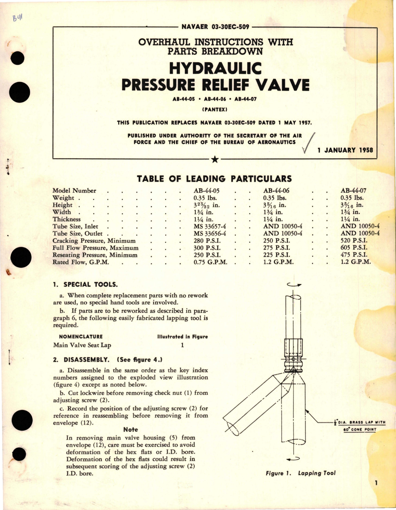 Sample page 1 from AirCorps Library document: Overhaul Instructions with Parts Breakdown for Hydraulic Pressure Relief Valve - AB-44-05, AB-44-06, and AB-44-07