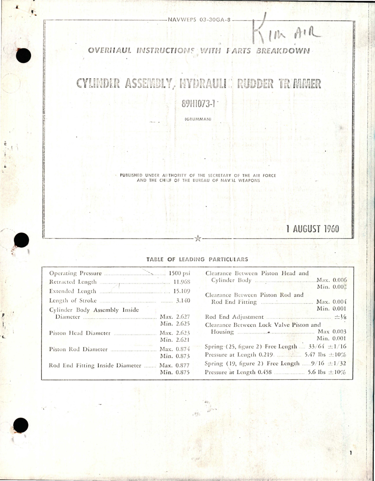 Sample page 1 from AirCorps Library document: Overhaul Instructions with Parts Breakdown for Hydraulic Rudder Trimmer Cylinder Assembly - 89H1073-1