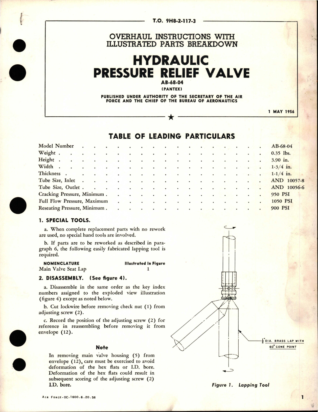 Sample page 1 from AirCorps Library document: Overhaul Instructions with Illustrated Parts Breakdown for Hydraulic Pressure Relief Valve - AB-68-04