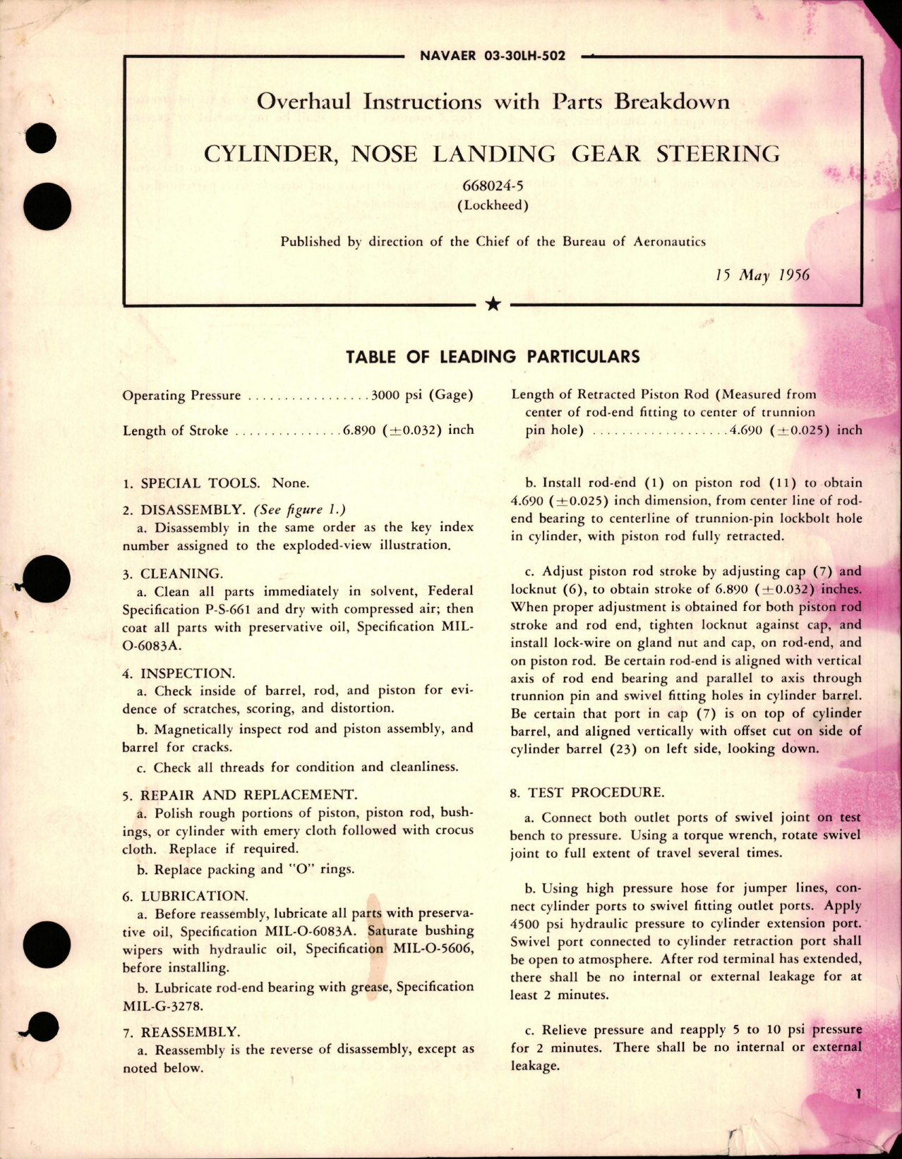 Sample page 1 from AirCorps Library document: Overhaul Instructions with Parts Breakdown for Nose Landing Gear Steering Cylinder - 668024-5