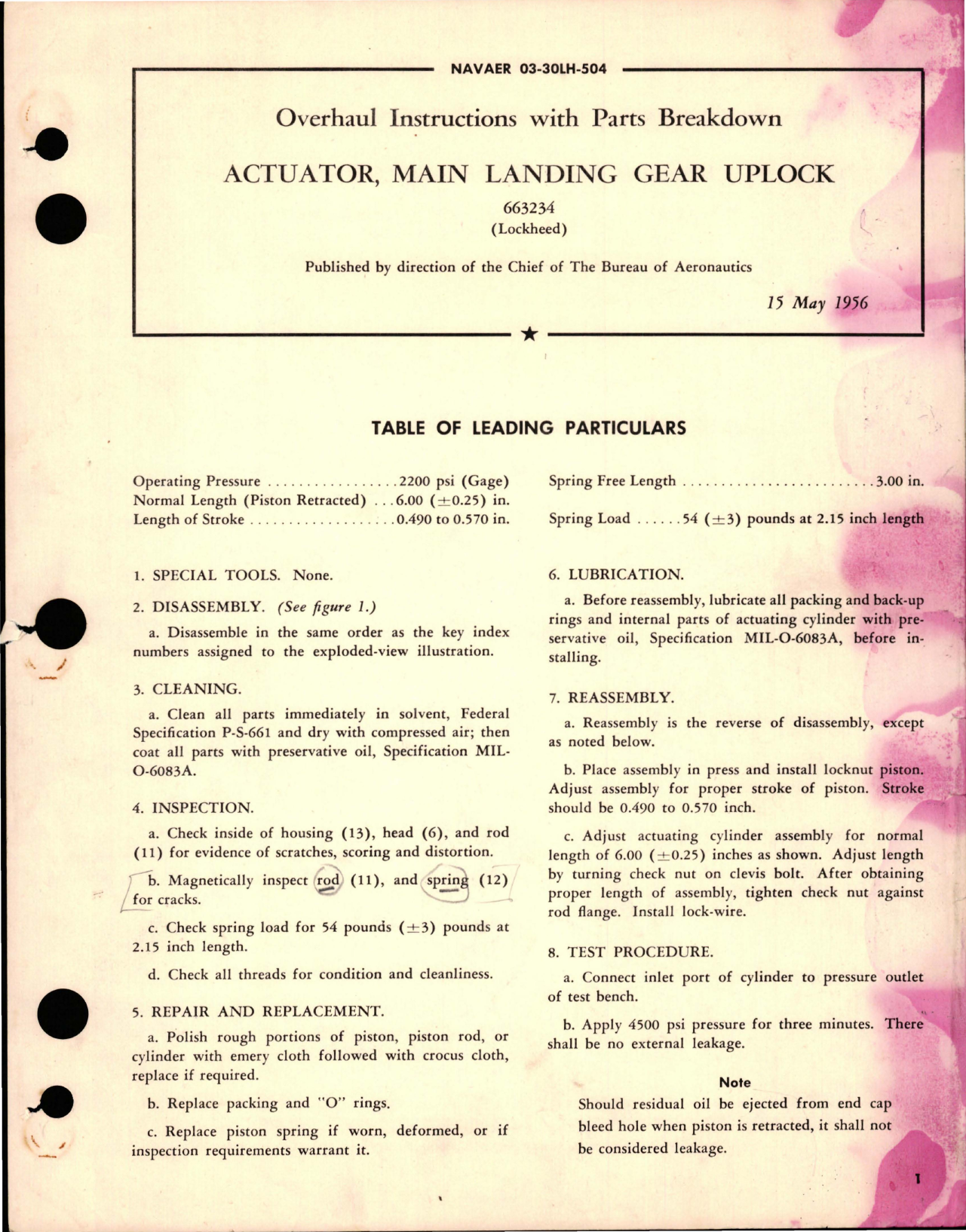Sample page 1 from AirCorps Library document: Overhaul Instructions with Parts Breakdown for Main Landing Gear Uplock Actuator - 663234
