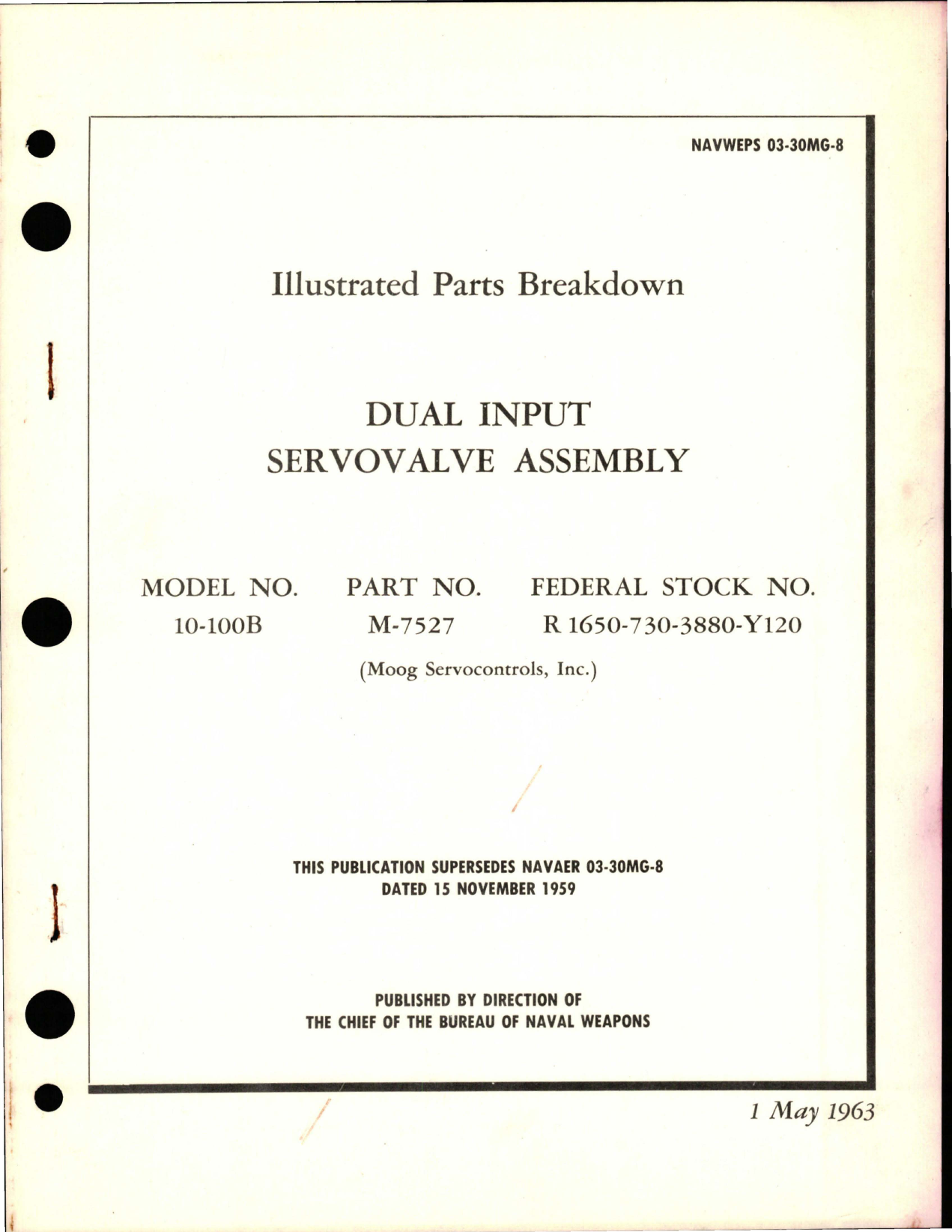 Sample page 1 from AirCorps Library document: Illustrated Parts Breakdown for Dual Input Servovalve Assembly - Model 10-100B - Part M-7527