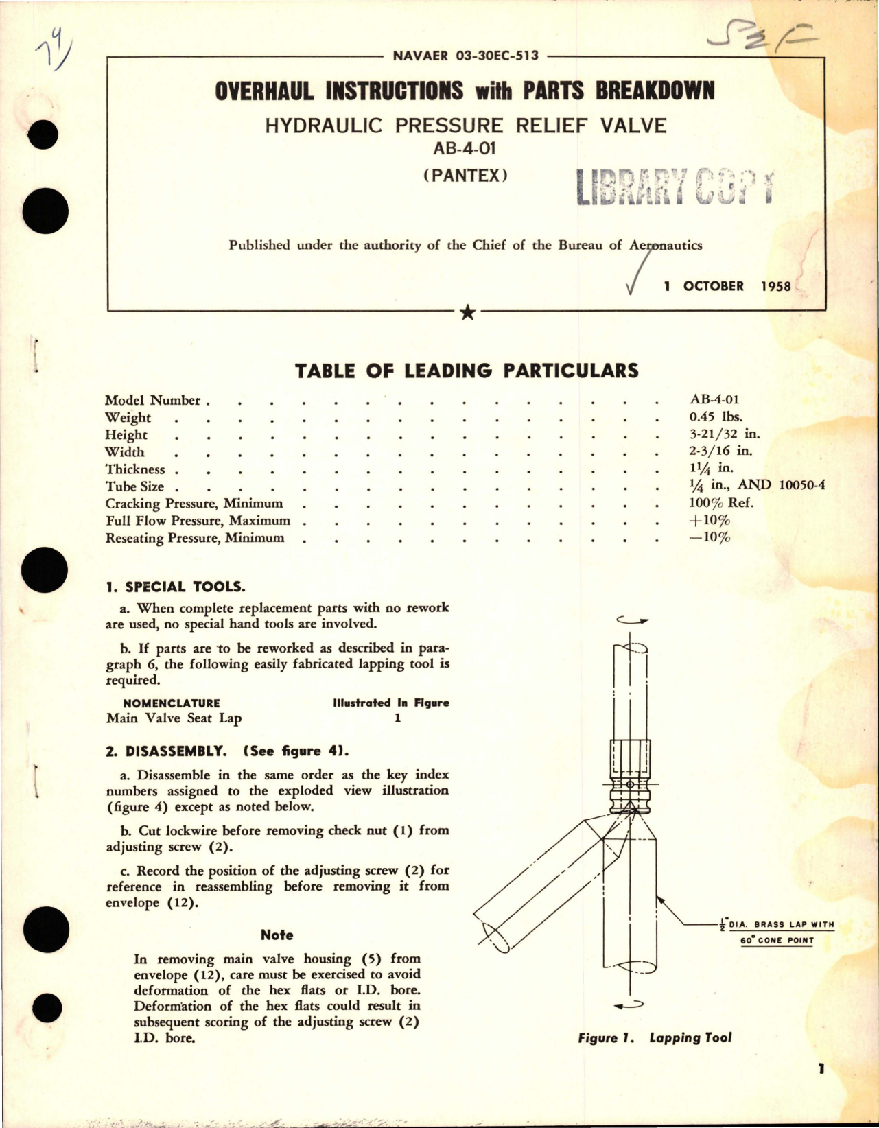 Sample page 1 from AirCorps Library document: Overhaul Instructions with Parts Breakdown for Hydraulic Pressure Relief Valve - AB-4-01