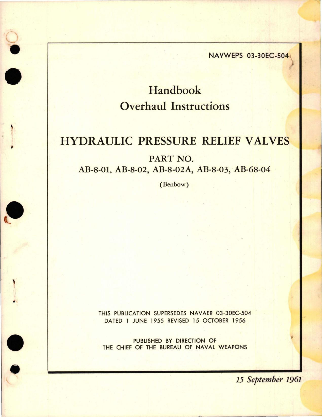 Sample page 1 from AirCorps Library document: Overhaul Instructions for Hydraulic Pressure Relief Valves - Parts AB-8-01, AB-8-02, AB-8-02A, AB-8-03, and AB-68-04 
