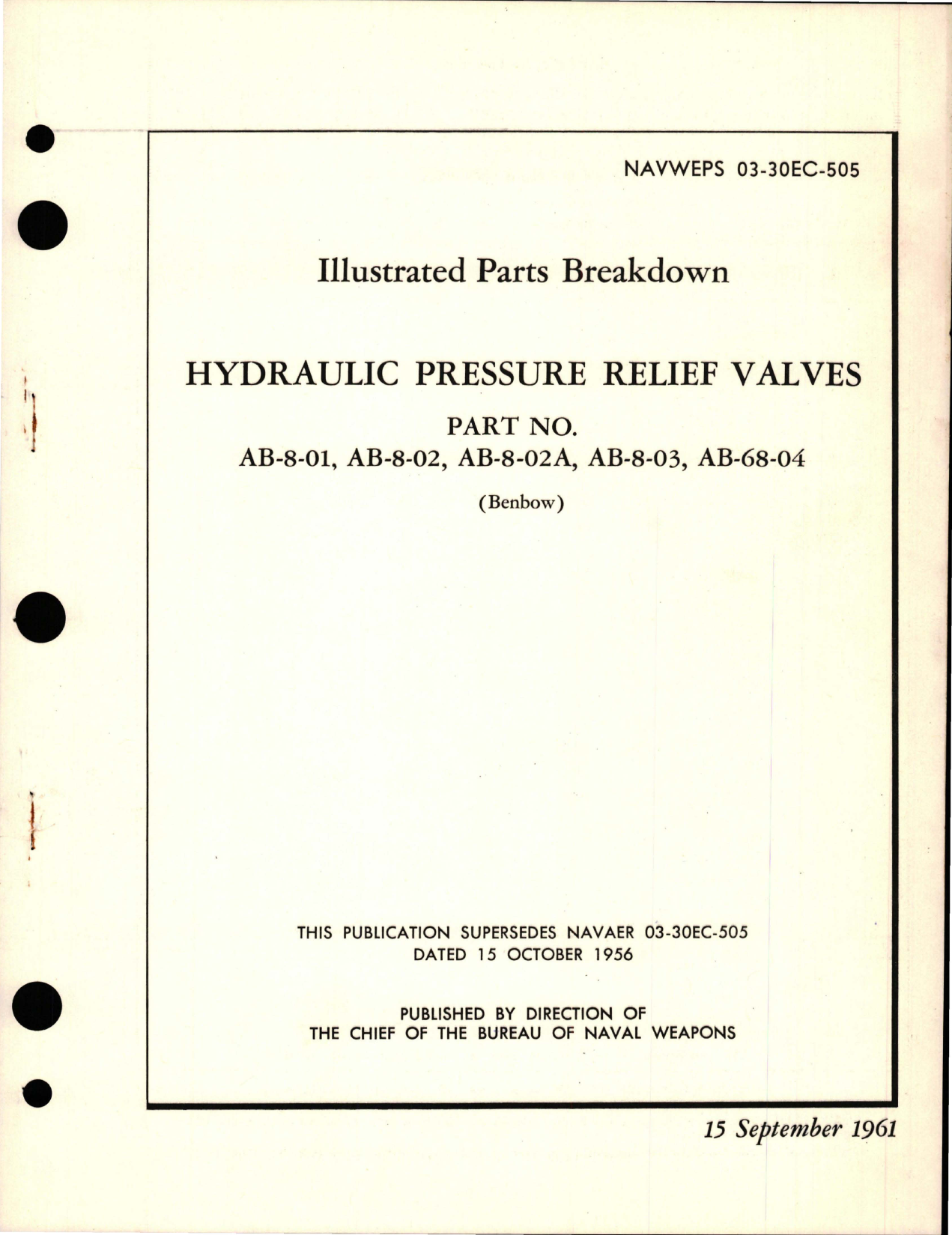 Sample page 1 from AirCorps Library document: Illustrated Parts Breakdown for Hydraulic Pressure Relief Valves - Parts AB-8-01, AB-8-02, AB-8-02A, AB-8-03, and AB-68-04