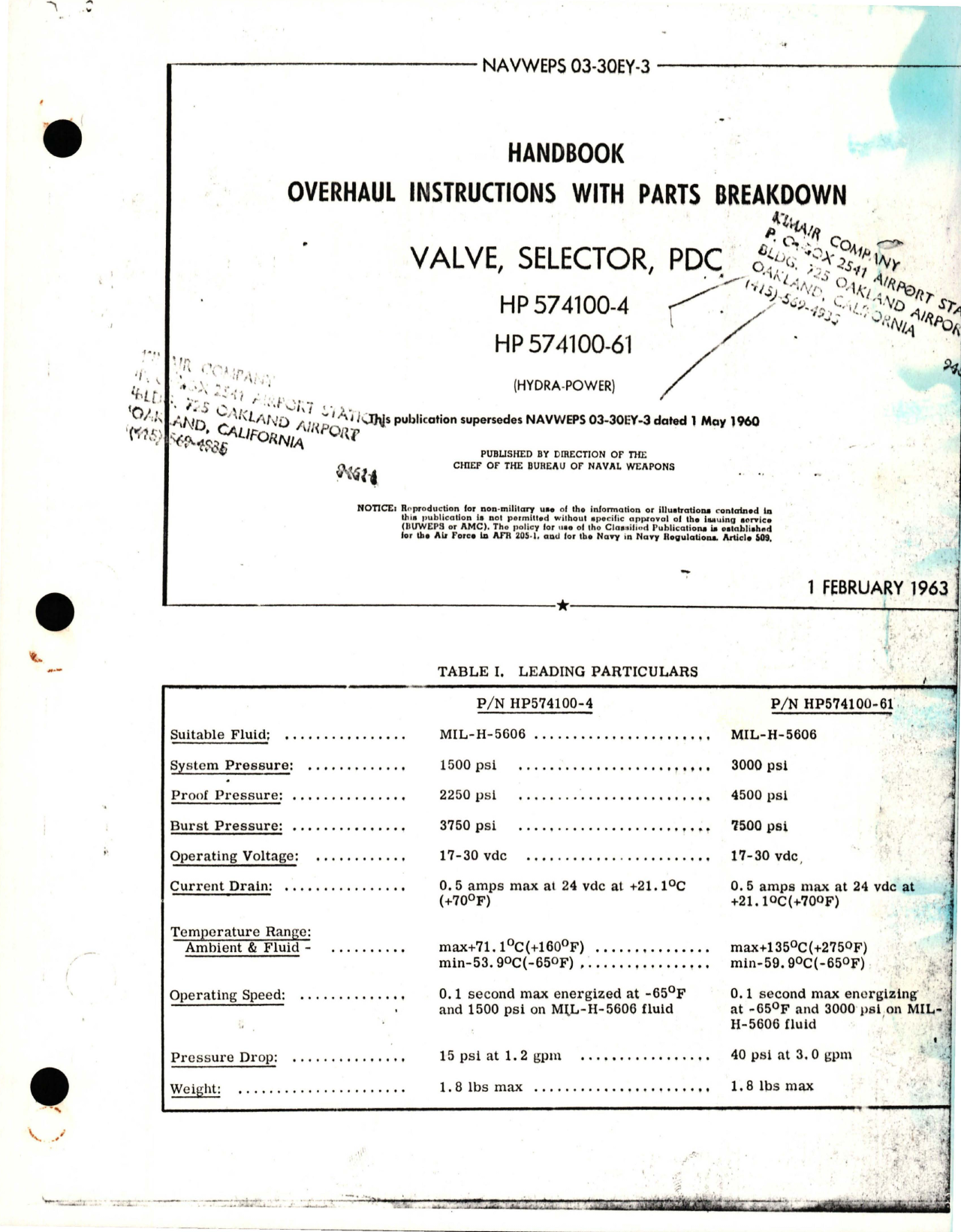Sample page 1 from AirCorps Library document: Overhaul Instructions with Parts Breakdown for PDC Selector Valve - HP 574100-4 and HP 574100-61