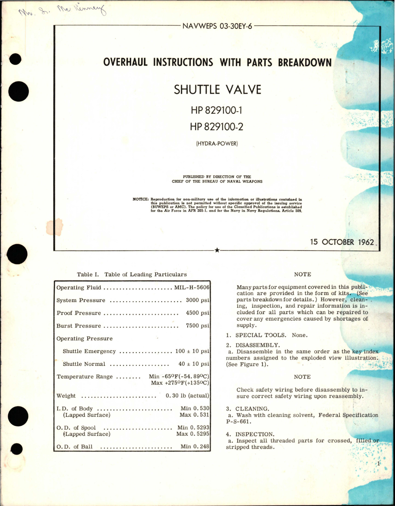 Sample page 1 from AirCorps Library document: Overhaul Instructions with Parts for Shuttle Valve - HP 829100-1 and HP 829100-2