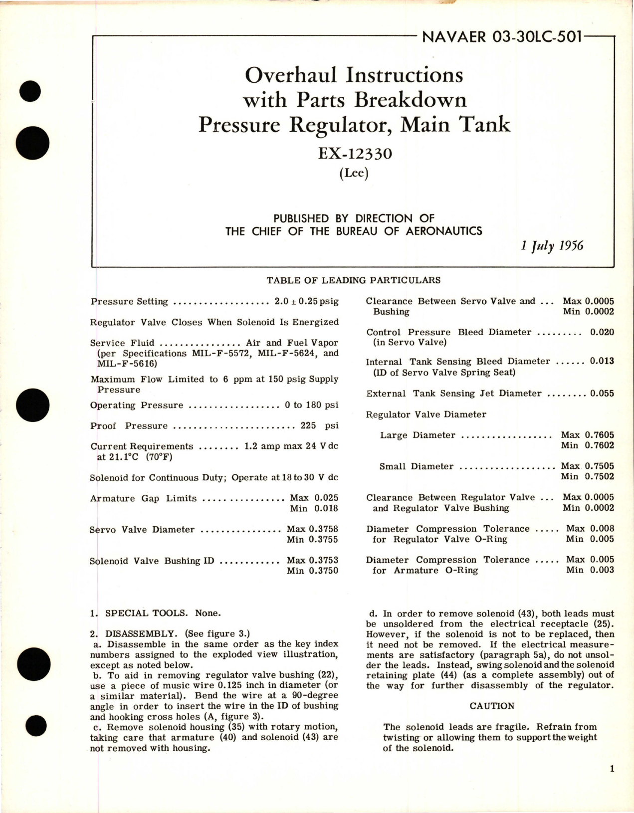 Sample page 1 from AirCorps Library document: Overhaul Instructions with Parts Breakdown for Main Tank Pressure Regulator - EX-12330