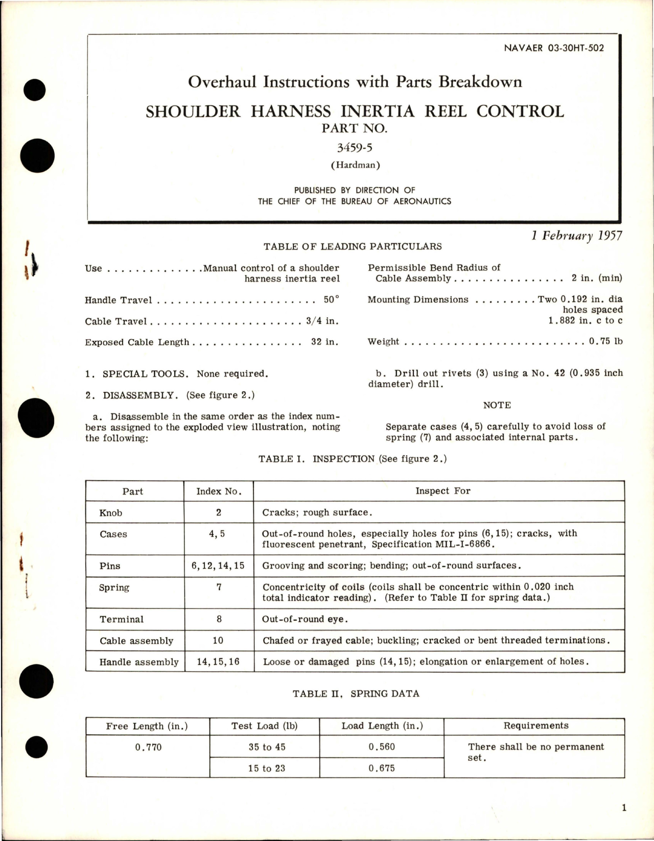 Sample page 1 from AirCorps Library document: Overhaul Instructions with Parts Breakdown for Shoulder Harness Inertia Reel Control - Part 3459-5