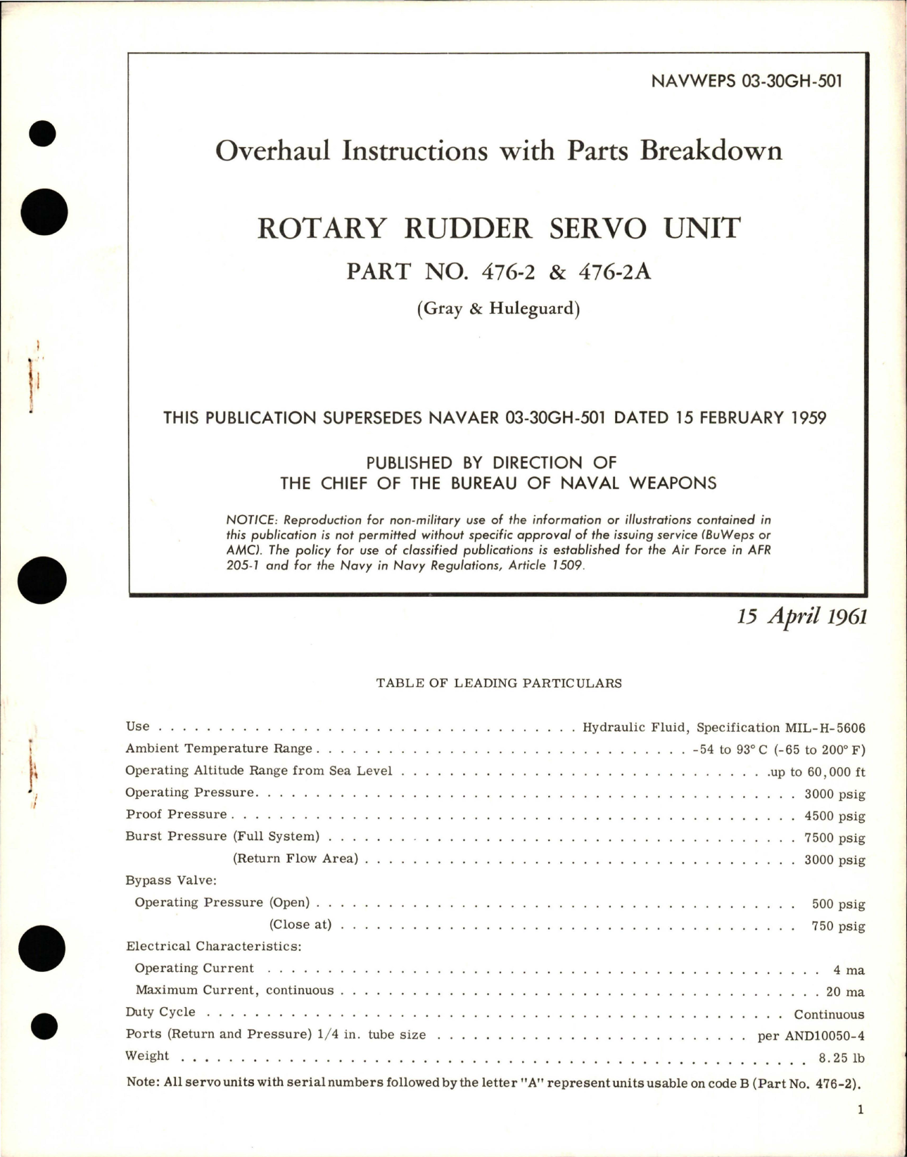 Sample page 1 from AirCorps Library document: Overhaul Instructions with Parts Breakdown for Rotary Rudder Servo Unit - Part 476-2 & 476-2A