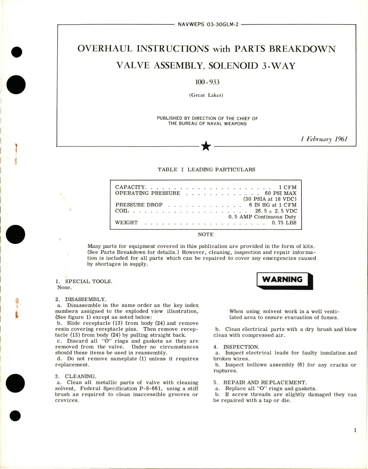 Sample page 1 from AirCorps Library document: Overhaul Instructions with Parts Breakdown for Solenoid 3-Way Valve Assembly - 100-933 
