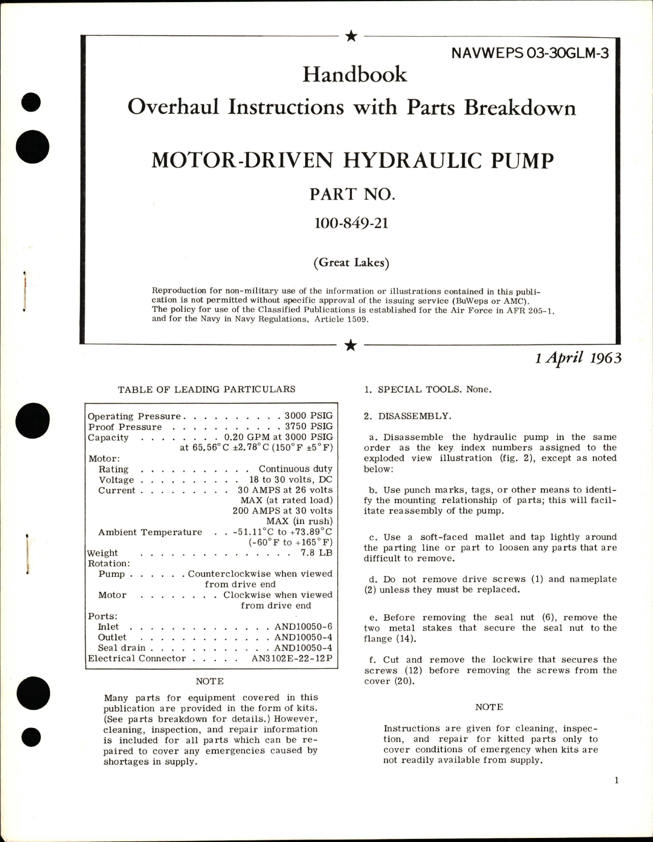 Sample page 1 from AirCorps Library document: Overhaul Instructions with Parts Breakdown for Motor Driven Hydraulic Pump - Part 100-849-21