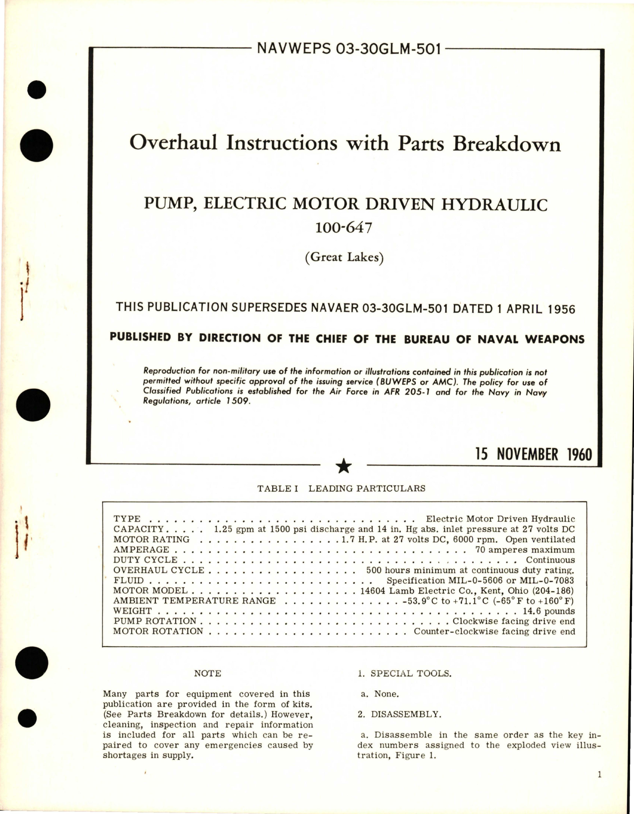 Sample page 1 from AirCorps Library document: Overhaul Instructions with Parts Breakdown for Electric Motor Driven Hydraulic Pump - 100-647