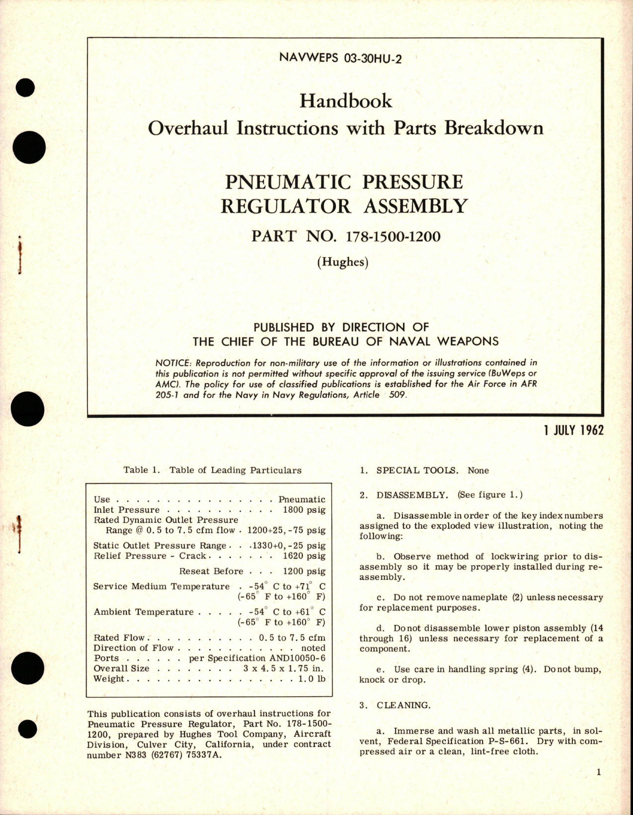 Sample page 1 from AirCorps Library document: Overhaul Instructions with Parts Breakdown for Pneumatic Pressure Regulator Assembly - Part 178-1500-1200 
