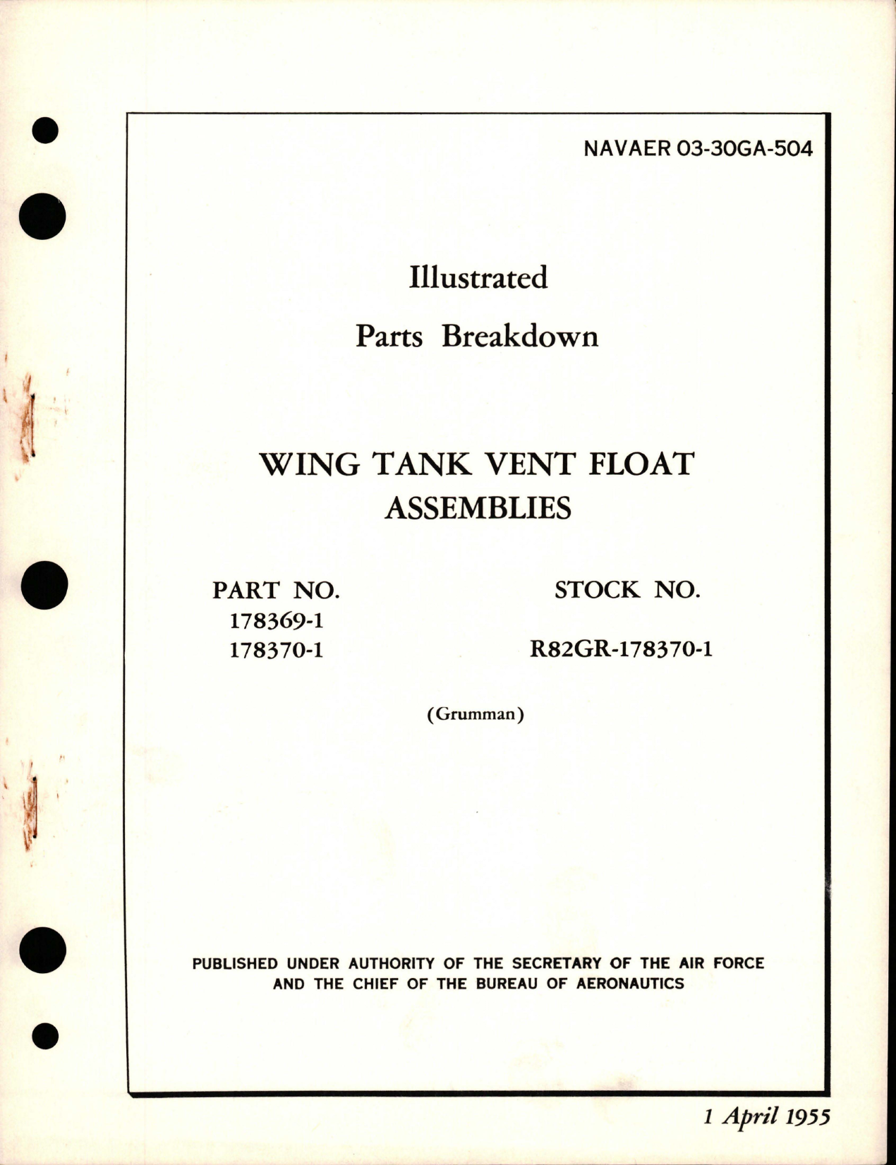 Sample page 1 from AirCorps Library document: Illustrated Parts Breakdown for Wing Tank Vent Float Assembly - Part 178369-1 and 178370-1