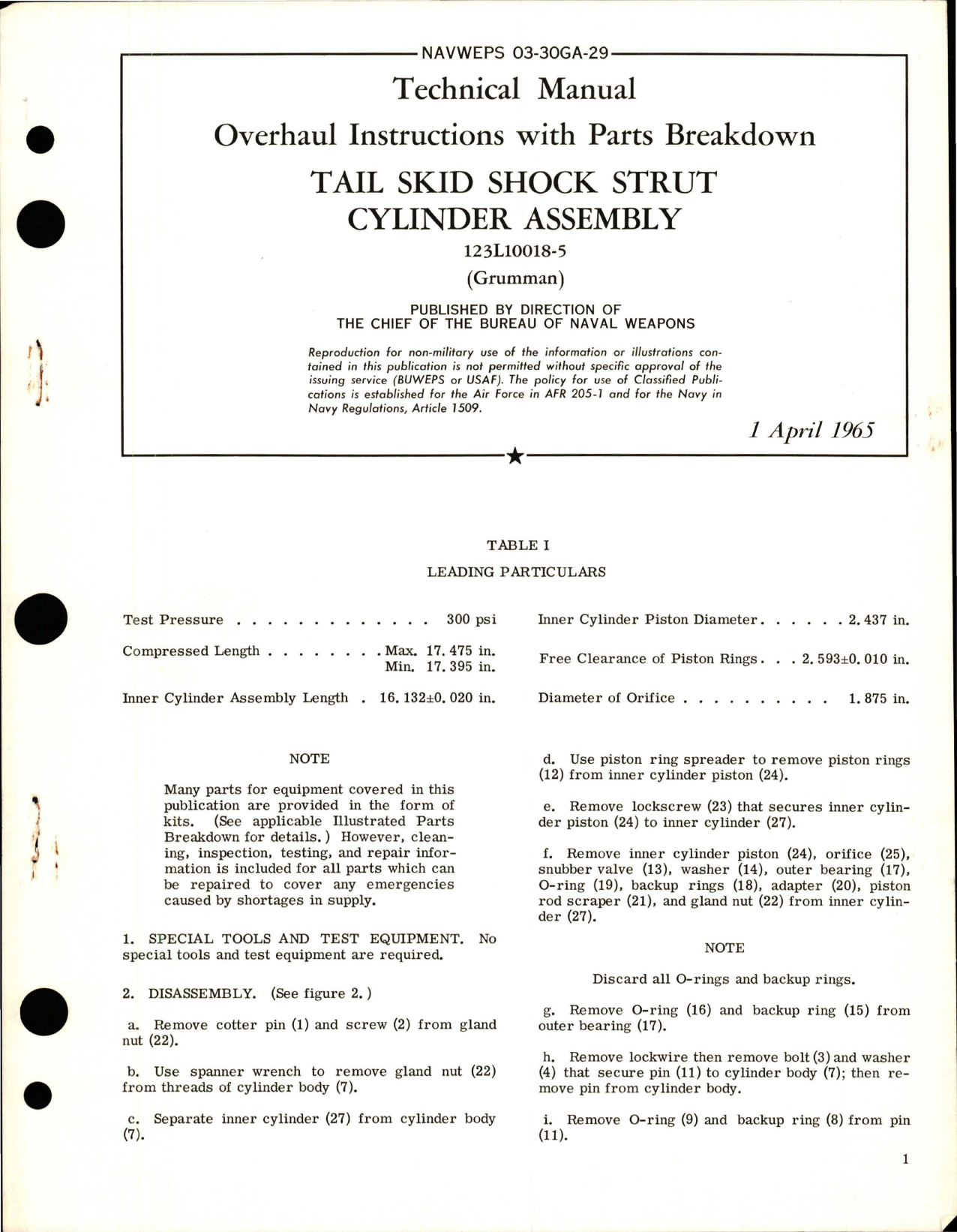 Sample page 1 from AirCorps Library document: Overhaul Instructions with Parts Breakdown for Tail Skid Shock Strut Cylinder Assembly - 123L10018-5