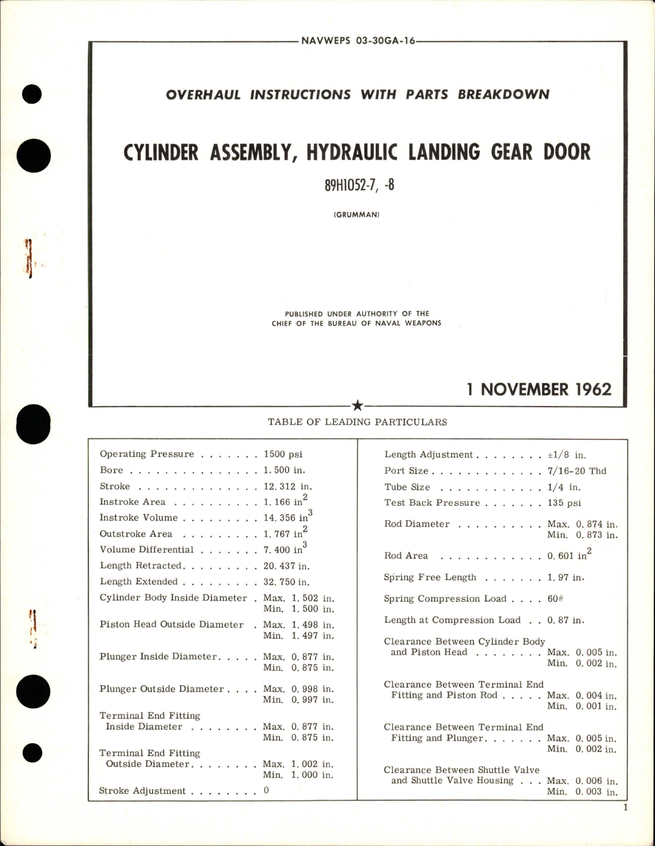 Sample page 1 from AirCorps Library document: Overhaul Instructions with Parts Breakdown for Hydraulic Landing Gear Door Cylinder Assembly - 89H1052-7 and 89H1052-8