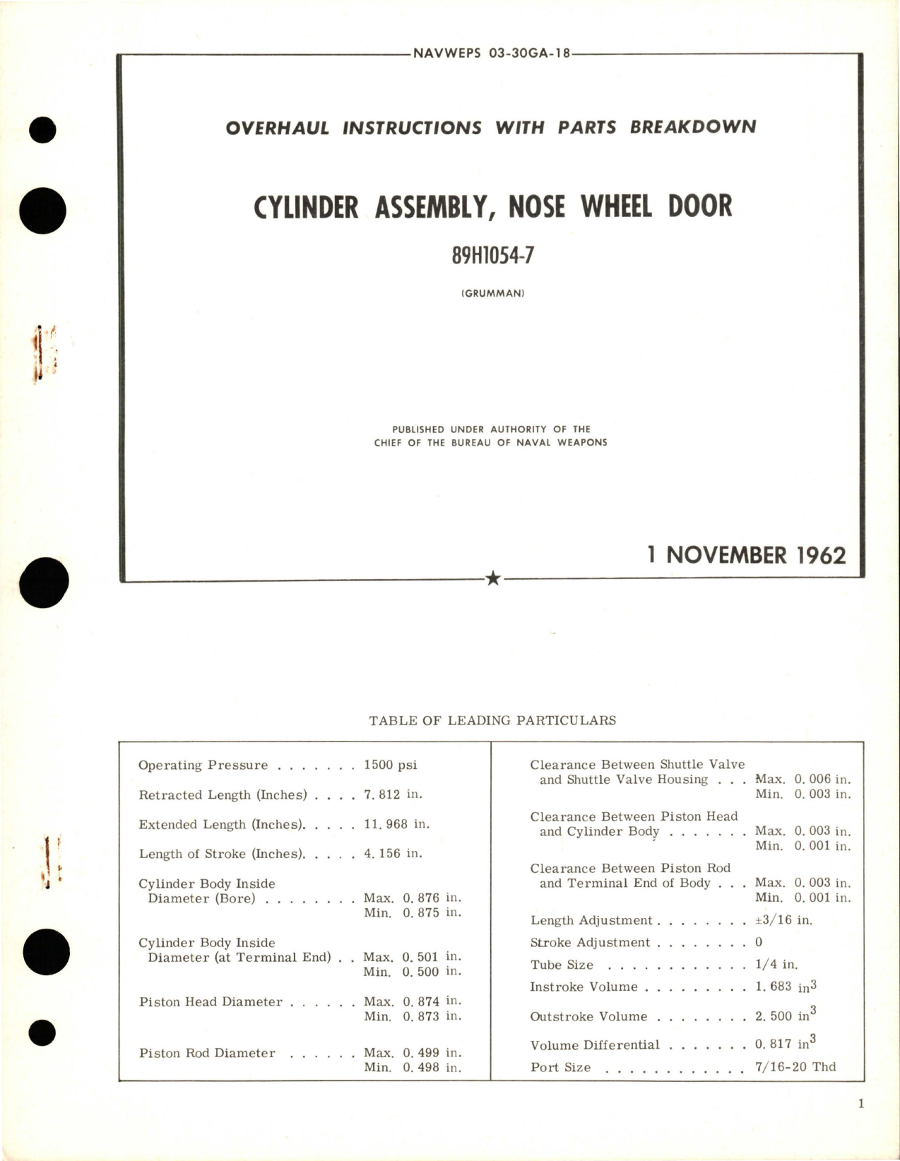 Sample page 1 from AirCorps Library document: Overhaul Instructions with Parts Breakdown for Nose Wheel Door Cylinder Assembly - 89H1054-7 